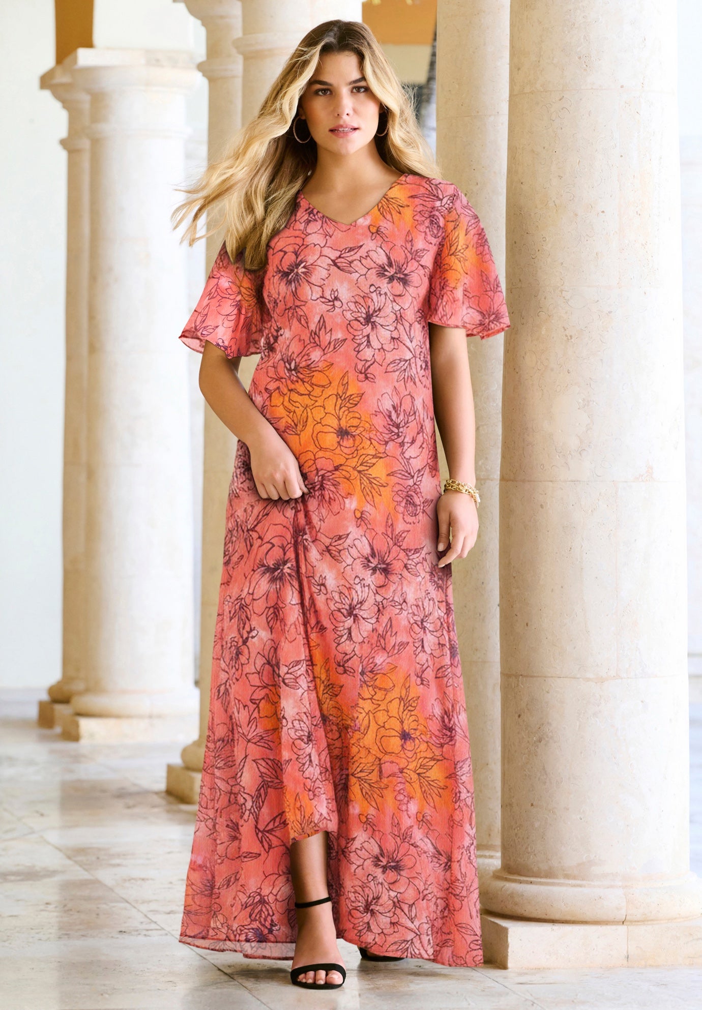 Plus Size Women's Plus Size Hand Crinkled Flutter-Sleeve Maxi Dress by Roaman's in Coral Tie Dye Floral (Size 18/20)