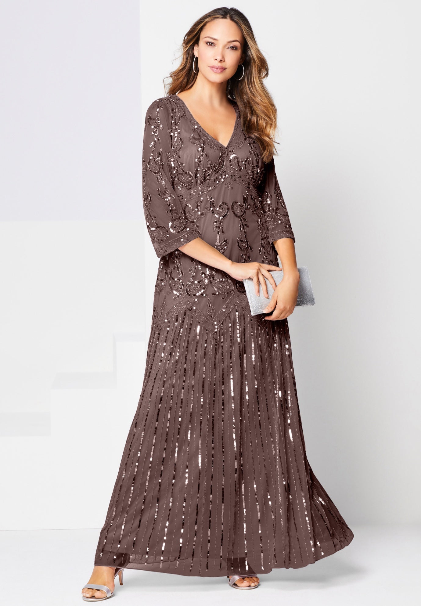 Plus Size Women's Plus Size Beaded V-Neck 3/4 Sleeve Sleeve Maxi Gown by Roaman's in Deep Taupe (Size 20 W) Formal Evening