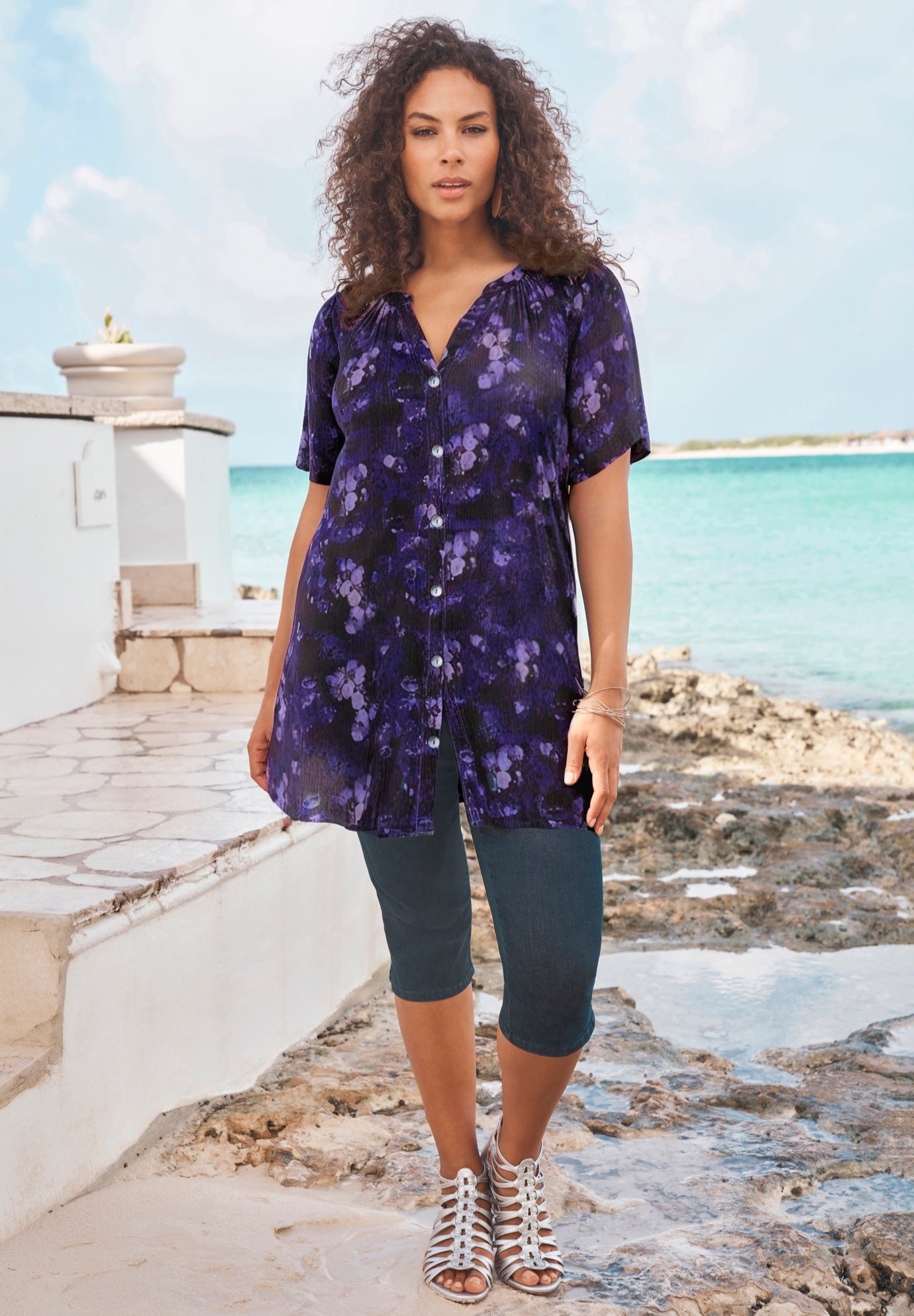 Plus Size Women's Plus Size Angelina Tunic Top - Short Sleeve, Flowy Fit, Everyday Comfort by Roaman's in Black Spray Floral (Size 14 W) Long Button