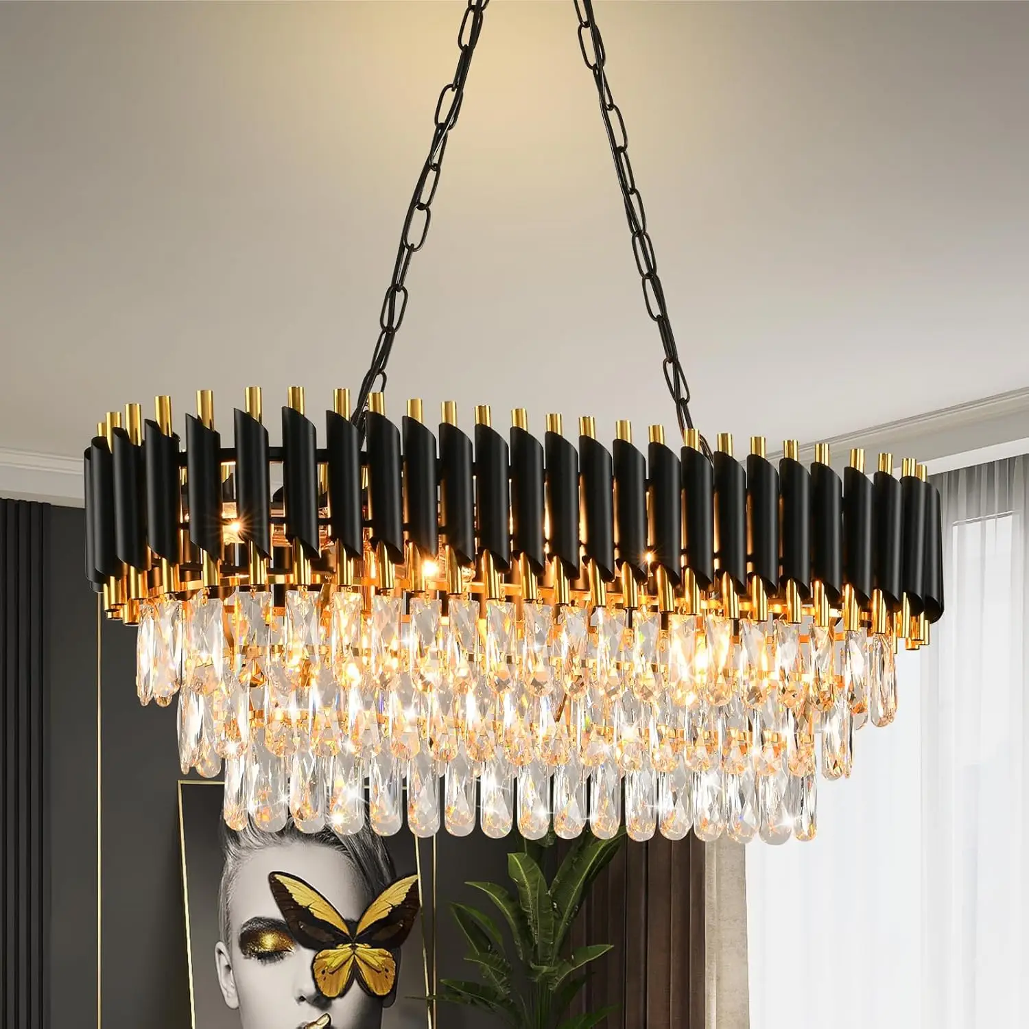 Moderner schwarz-goldener Kristall-Kronleuchter, 3-stöckiger ovaler K9-Kristall-Kronleuchter für Kücheninsel/Wohnzimmer/Schlafzimmer/Esszimmer