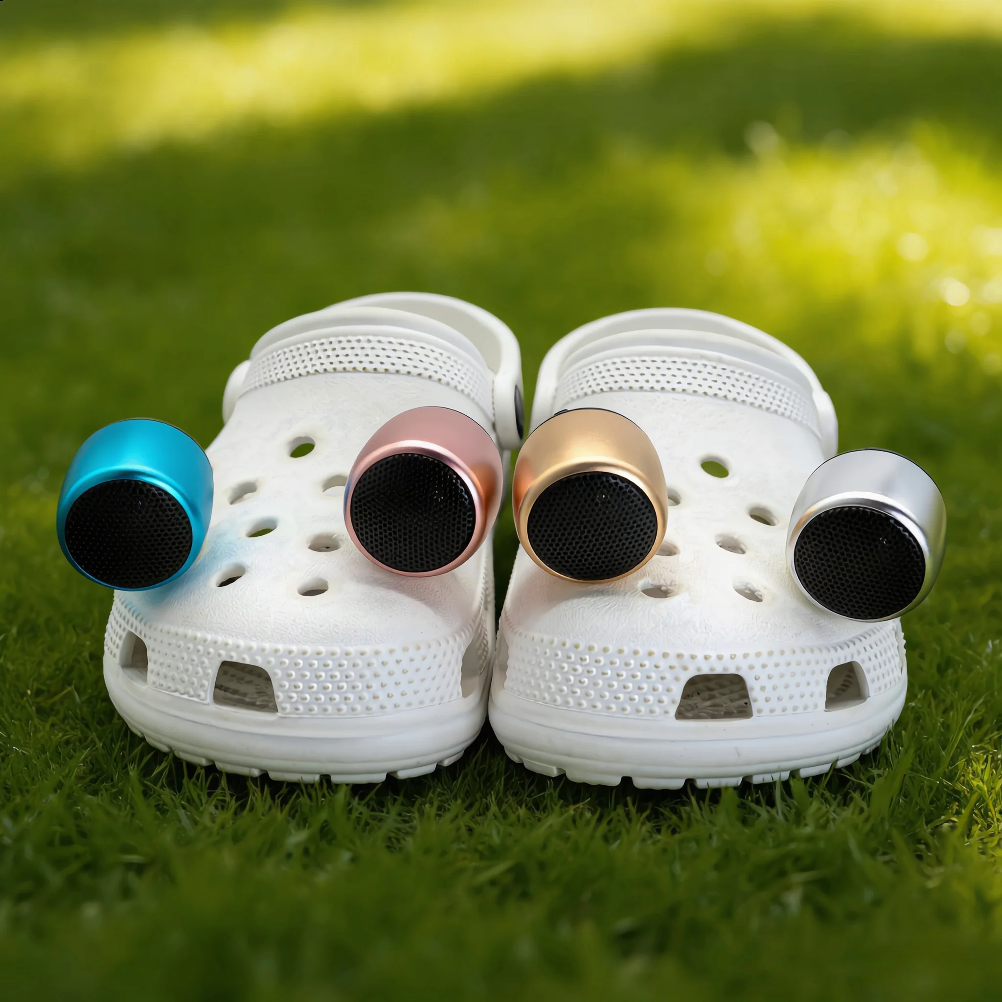 Mini-Bluetooth-Lautsprecher-Schuhanhänger, tragbares kabelloses Sound-Dekor für perforierte Schuhe, 4-farbige Mini-Lautsprecher-Schuhdekoration aus Metall