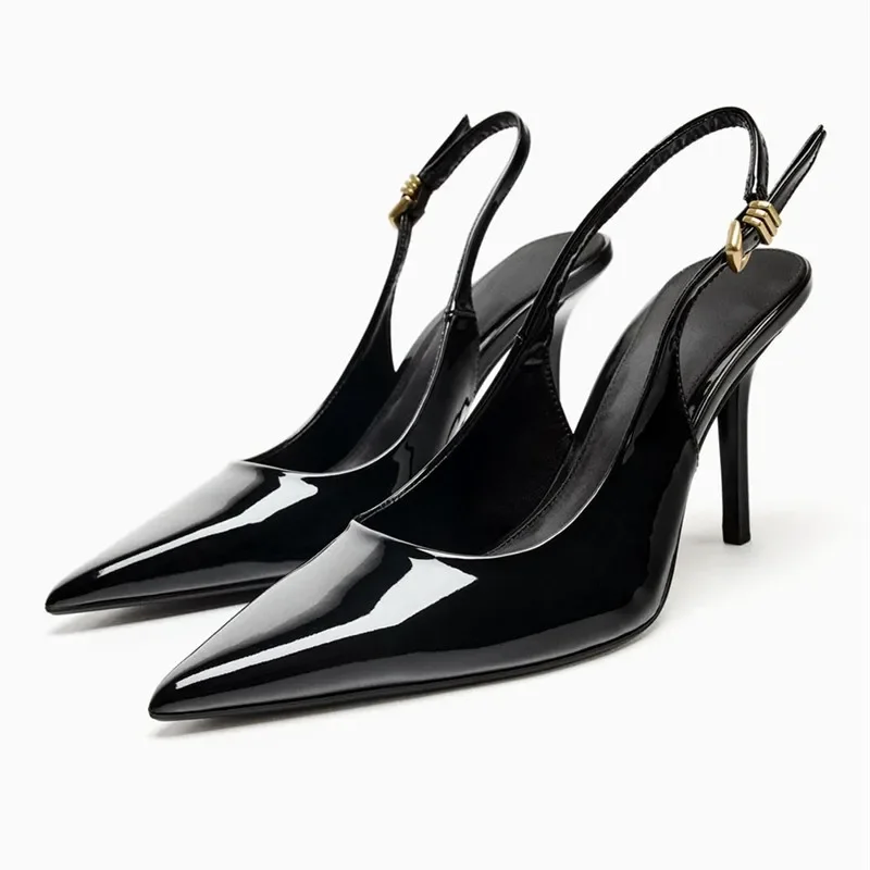 Sexy Black Pointed Toe Patent Leather Pumps Women Luxury Metal Ankle Strap Buckle Brand Designer Shoes Cozy Commuter Office Shoe