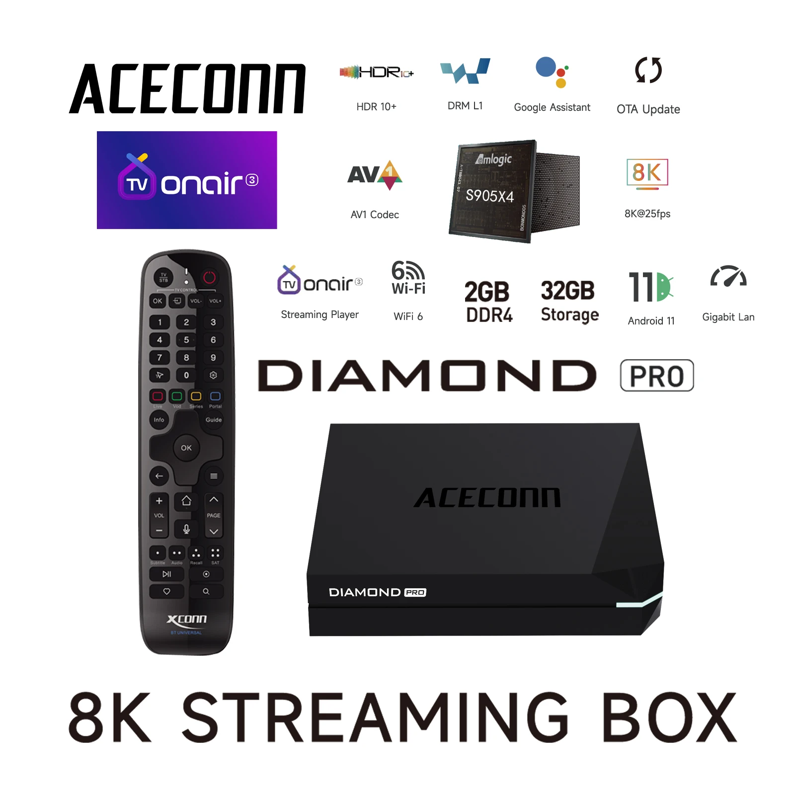 Diamond Pro TV Box IPTV TVONAIR3 8K Streaming-Box ACECONN 2GB+32GB WiFi6 Bluetooth Sprachfernbedienung mit Hintergrundbeleuchtungstasten Image