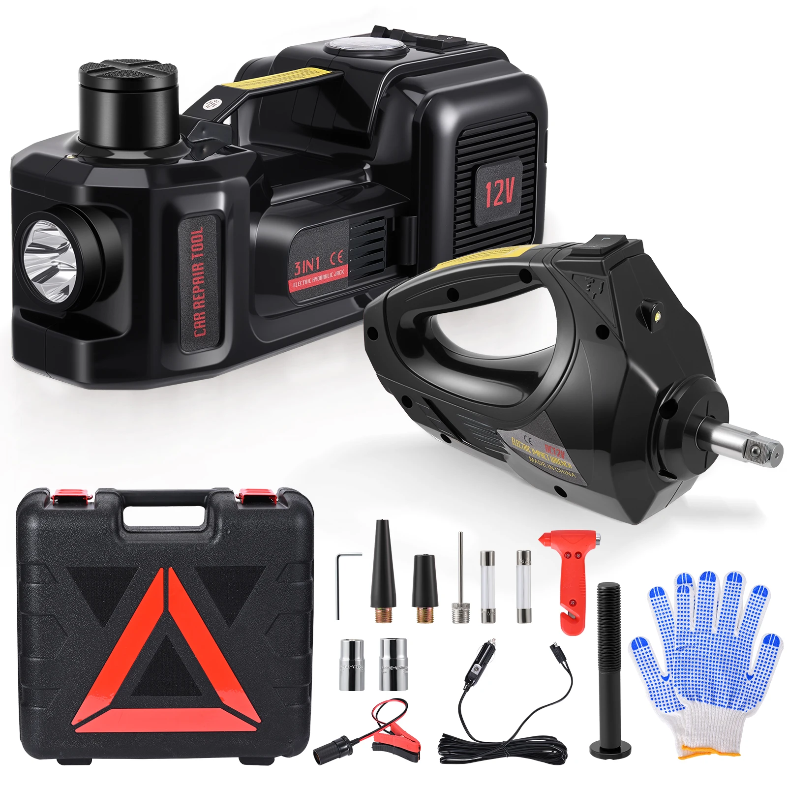 Cric per auto 3 in 1 idraulico 5T 3T 2T, cric per auto elettrica 12V 155-450 mm con avvitatore elettrico e pompa di gonfiaggio pneumatici