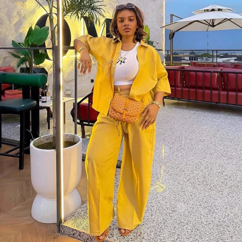 Neue Afrikanische Mode Frauen Zwei Stück Set Casual Einfarbig Lose Hemd Und Breite Bein Hosen Set Outfits Image