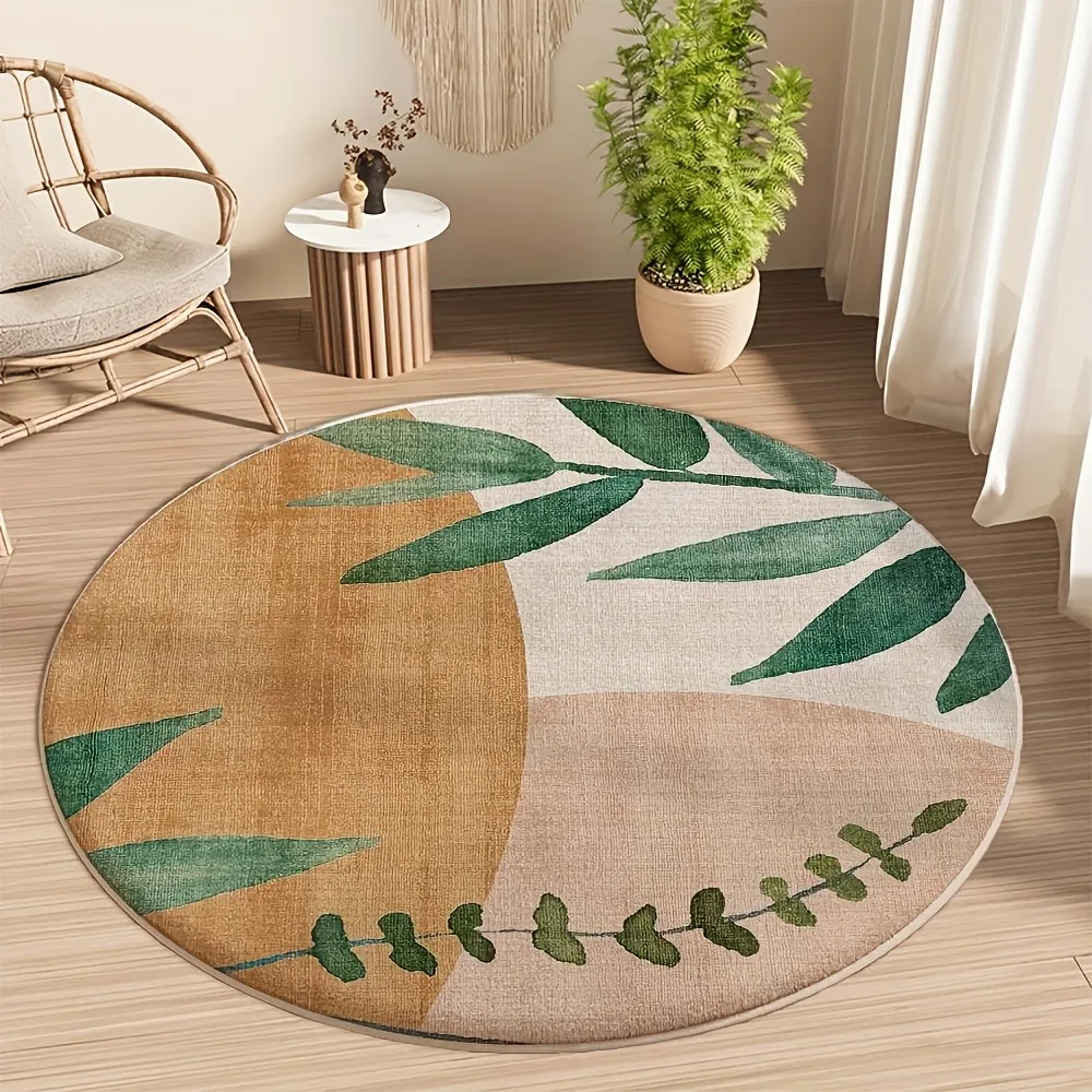 Beigefarbener runder Teppich mit Blattmuster – weicher Plüsch-Teppich, rutschfest, mintgrüne Blumen-Bodenmatte für Wohnzimmer- und Flurdekoration Image