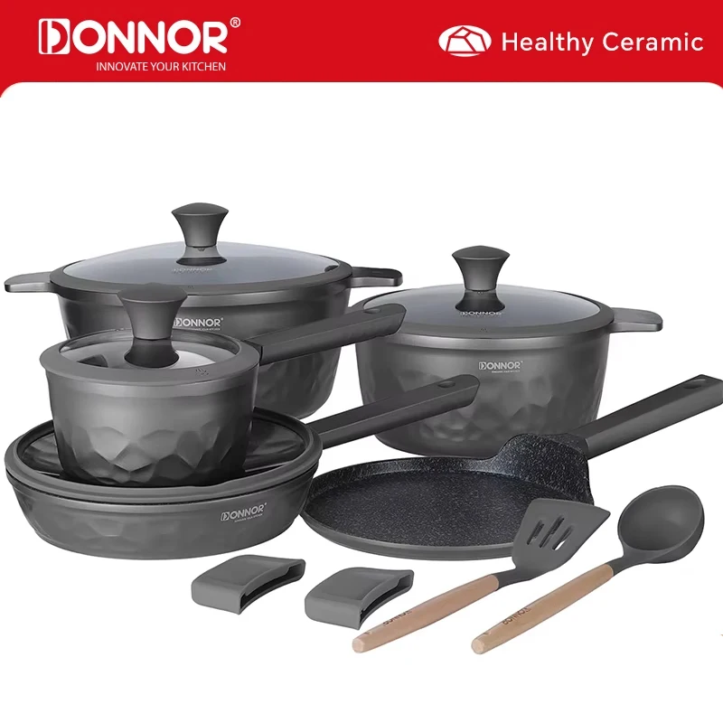 DONNOR 13 pièces batterie de cuisine en céramique ensembles casseroles et poêles ensemble Non toxique sain antiadhésif cuisine ensemble de cuisine avec poignée rester frais JT451