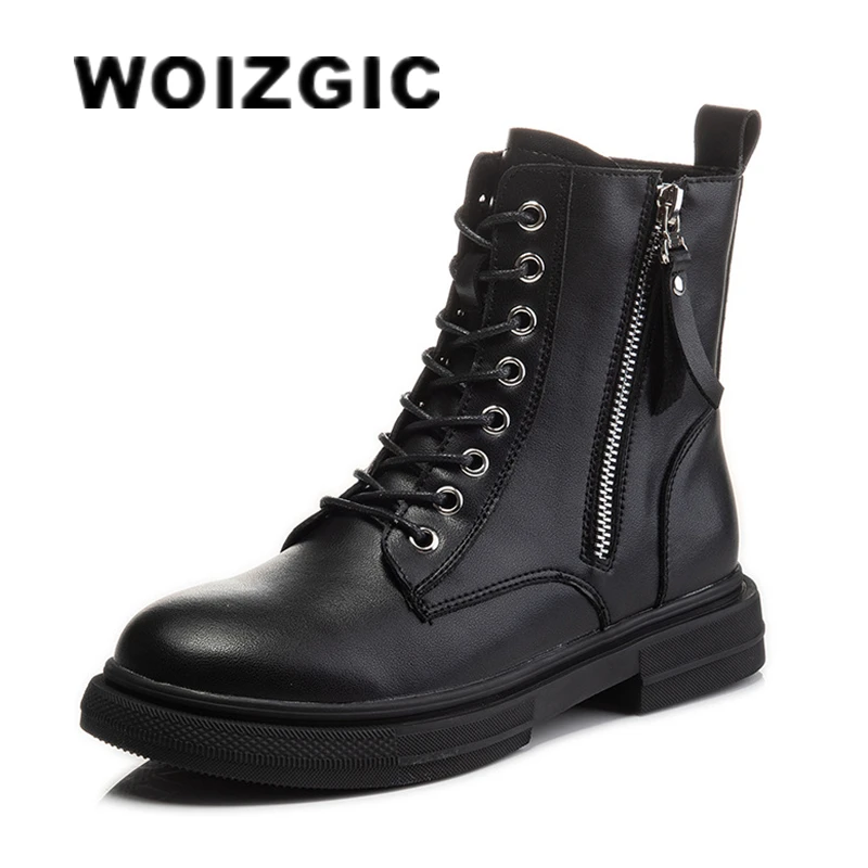 WOIZGIC frauen Damen Echtes Leder Weibliche Schuhe Stiefeletten Plattform Lace Up Warm Winter Herbst Pelz Plüsch Motorrad Image