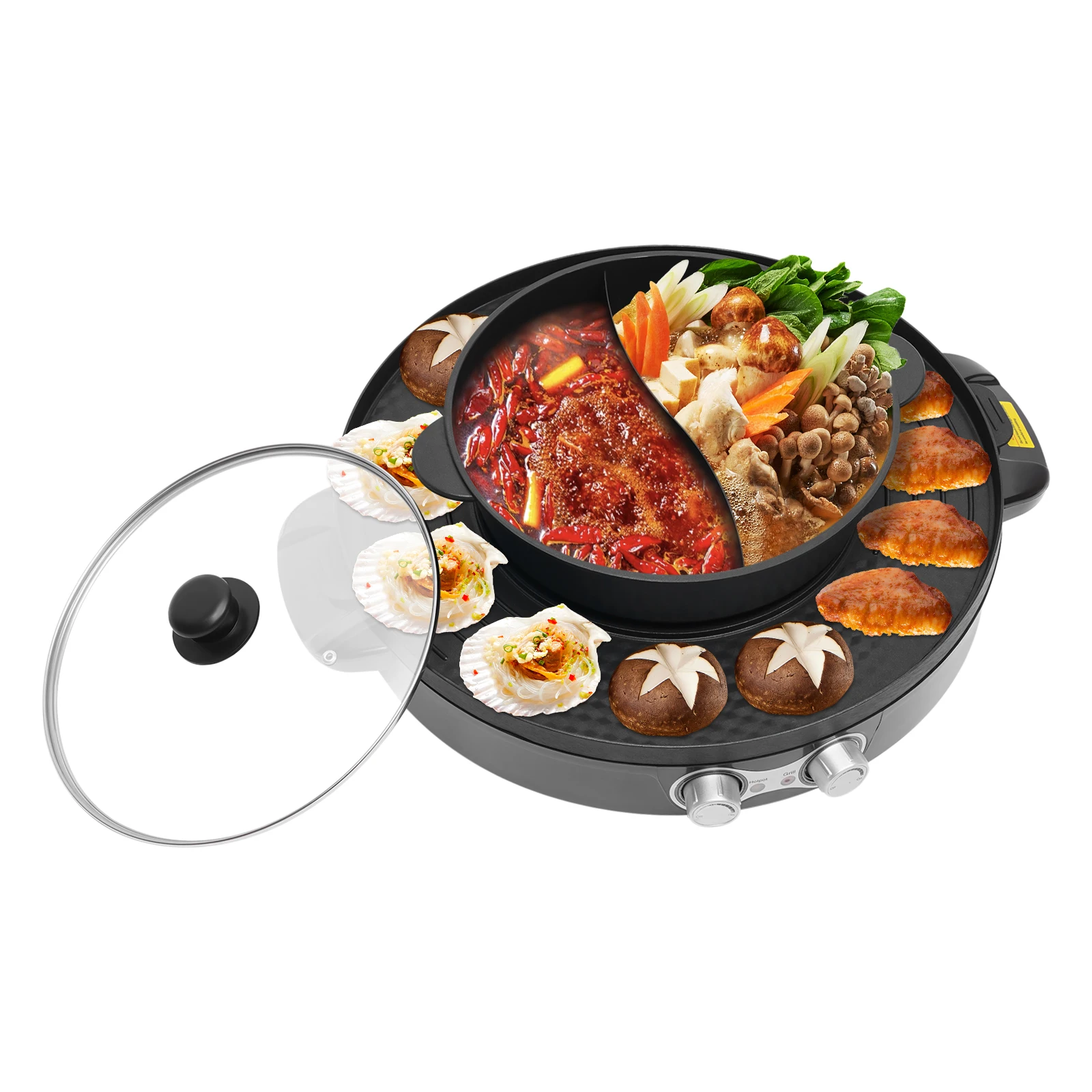 2200 W schwarzer runder Hot Pot mit Grill, 52 x 18,5 cm elektrischer Hot Pot, Hotpot Pot Elektrogrill zum Backen von Steaks, Meeresfrüchten, Fleisch