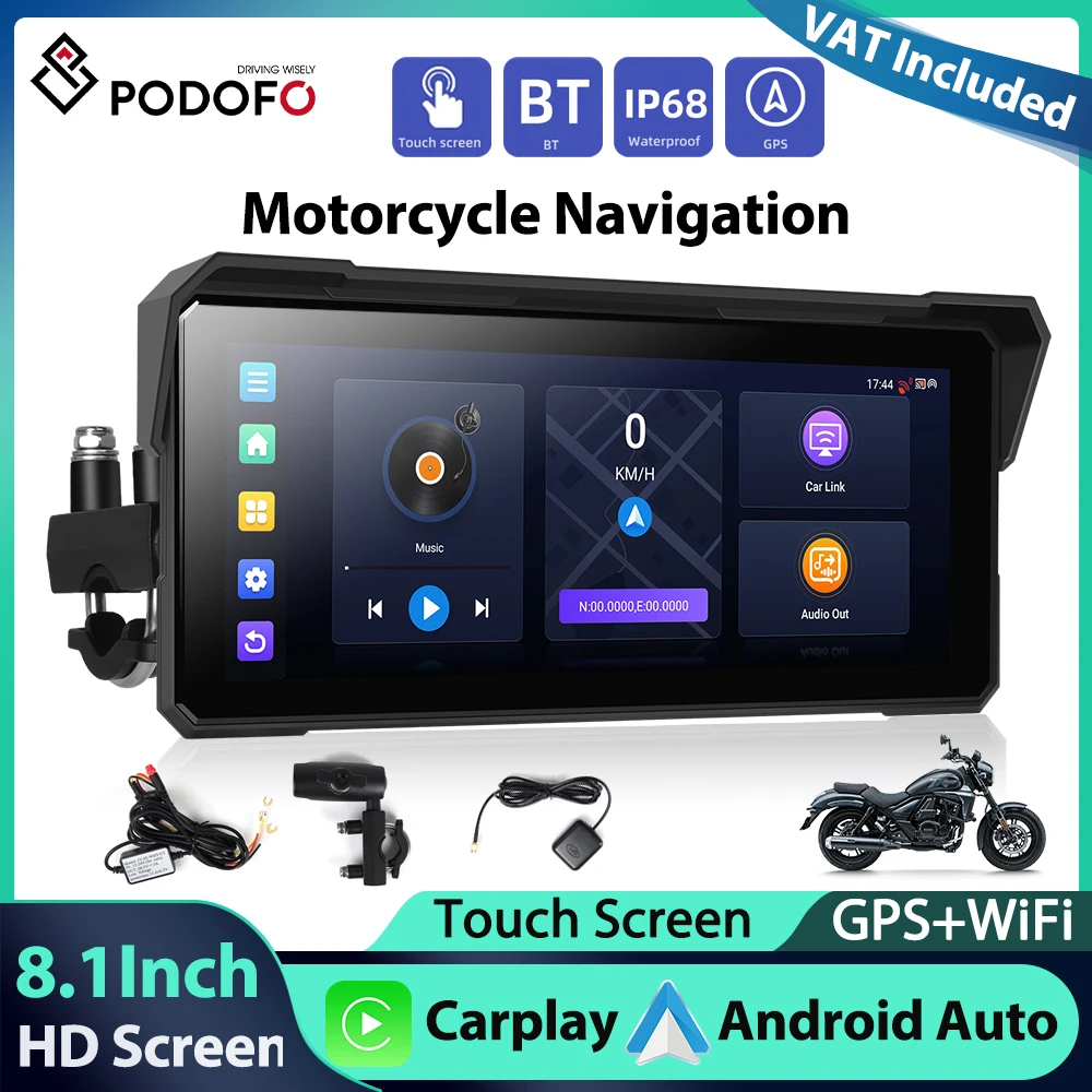 Podofo 8,1'' Touchscreen Motorrad Carplay Android Auto IP68 Wasserdicht Smart Screen Player GPS Navi WIFI Motorrad Monitor Image