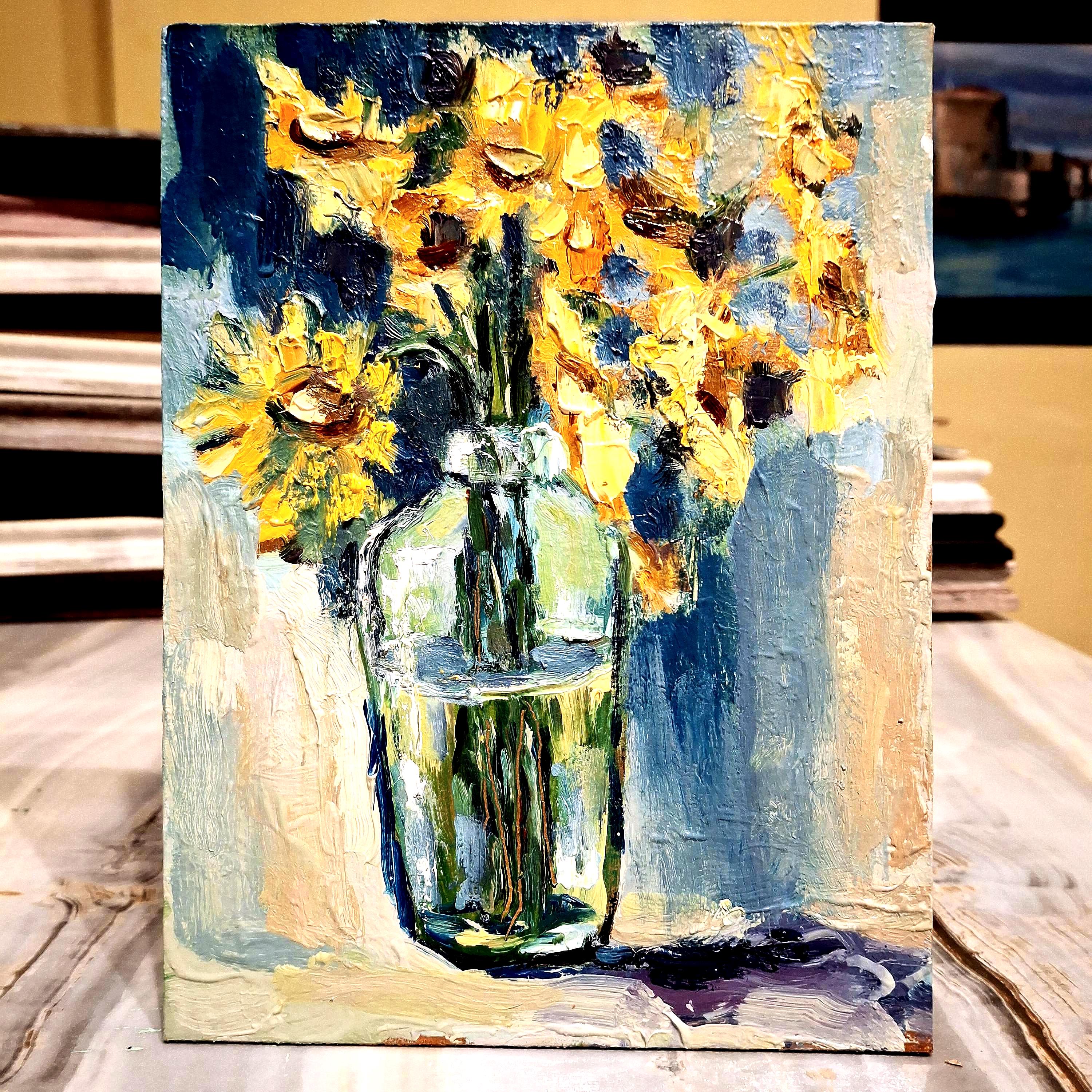 Dipinto di fiori Dipinto a olio di fiori astratti Dipinto originale Fiori gialli in un vaso di vetro Fiori Arte murale Arte floreale Cartone 6\8 in