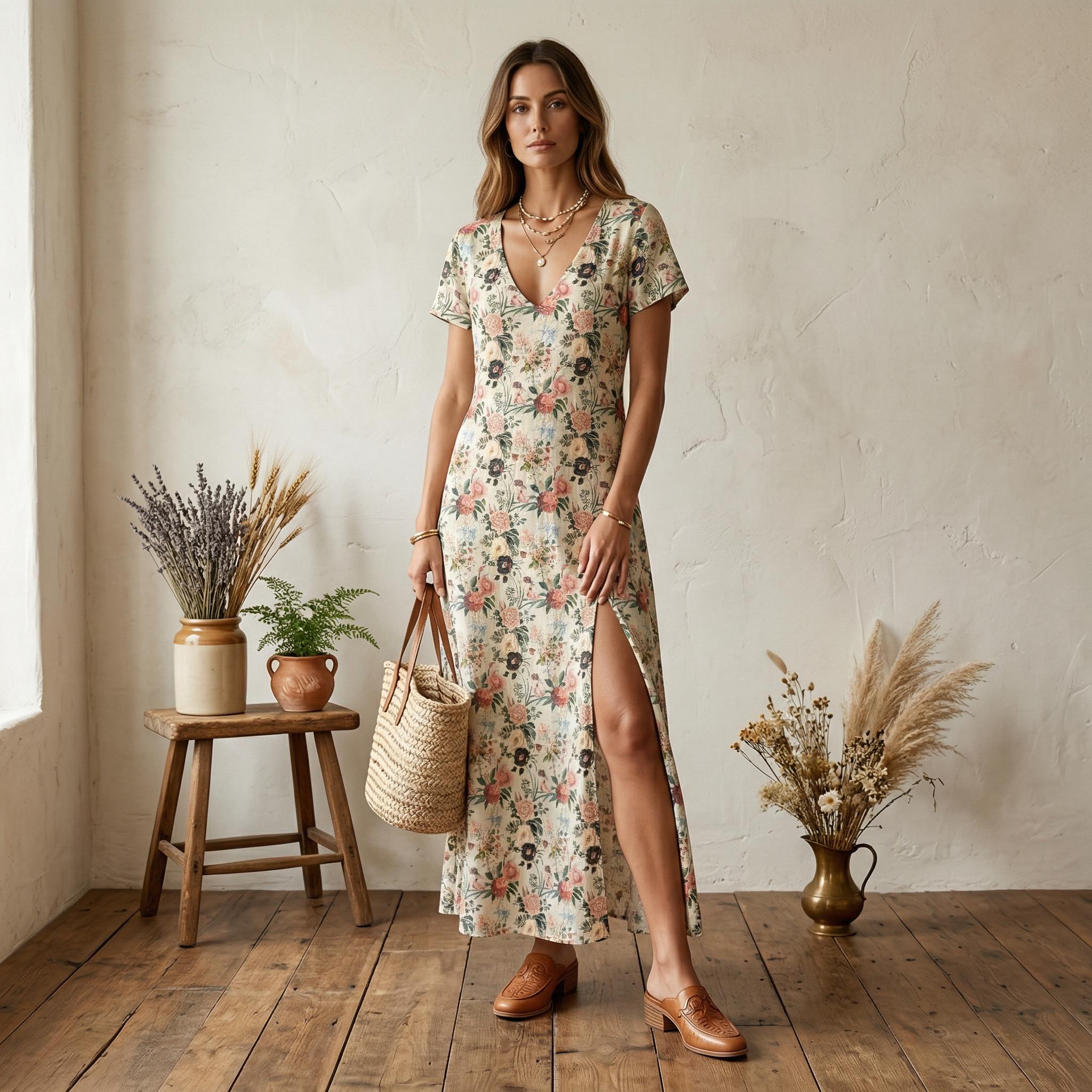 Abito lungo floreale da donna, abito estivo lungo, casual, scollo a V, manica corta, stile boho da spiaggia