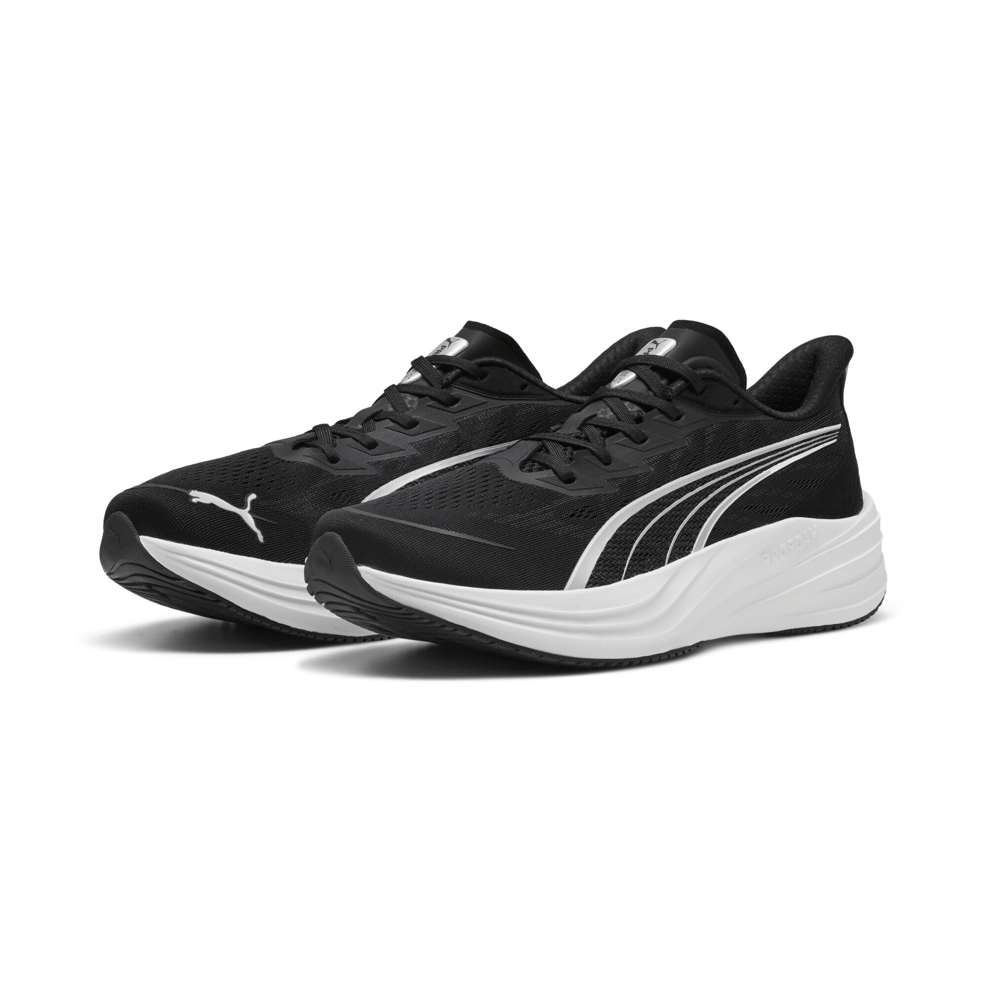 Trainingsschuh PUMA "Darter Pro 2 Laufschuhe Erwachsene", Gr. 37,5, schwarz silber weiß metallic, Obermaterial: Synthetik, Textil; Futter: Textil; Innensohle: Textil; Laufsohle: Gummi, Schuhe