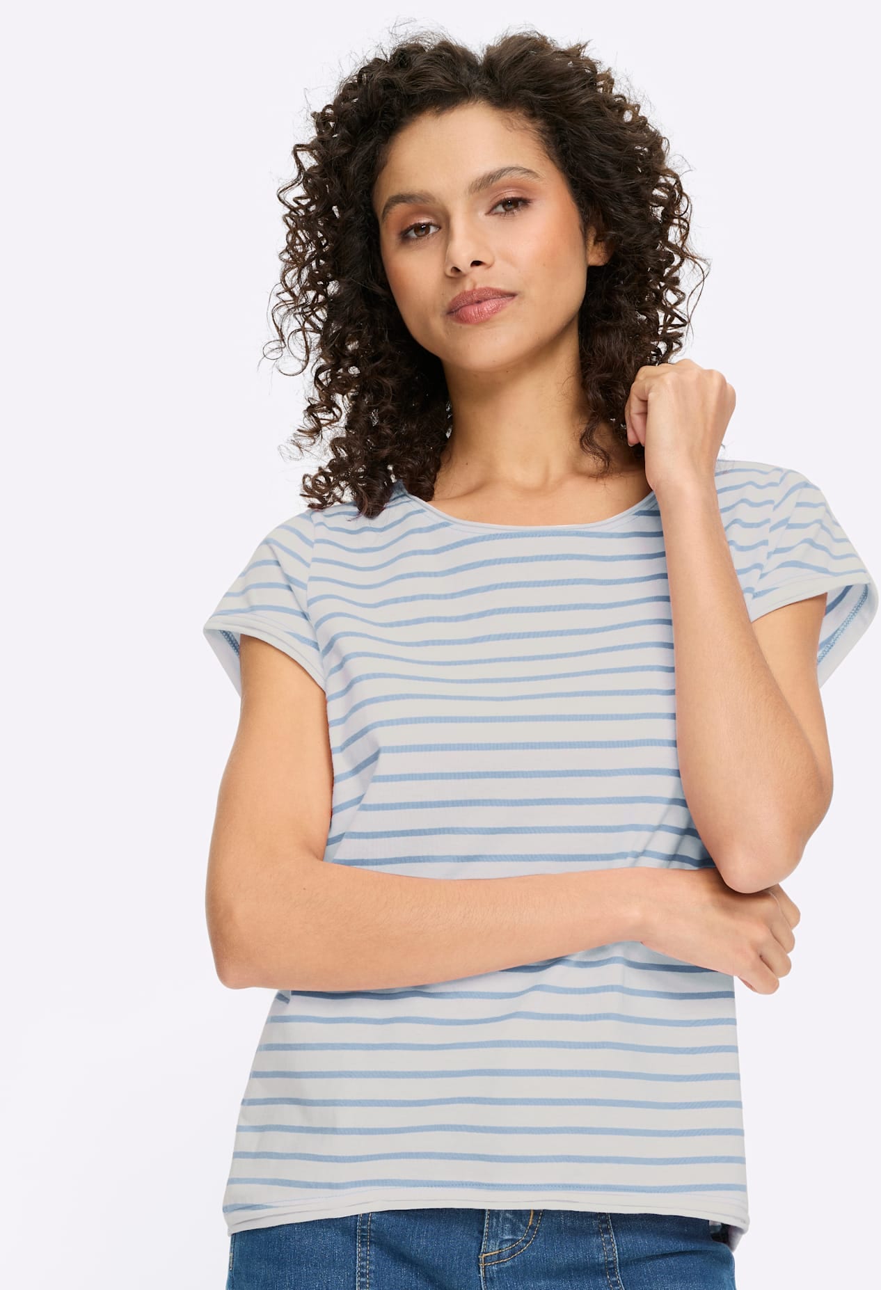 T-Shirt HEINE "Ringelshirt", Damen, Gr. 50, weiß, eisblau, geringelt, 100% Baumwolle, gemustert, gestreift, mehrfarbig, Rundhals, Shirts T-Shirt