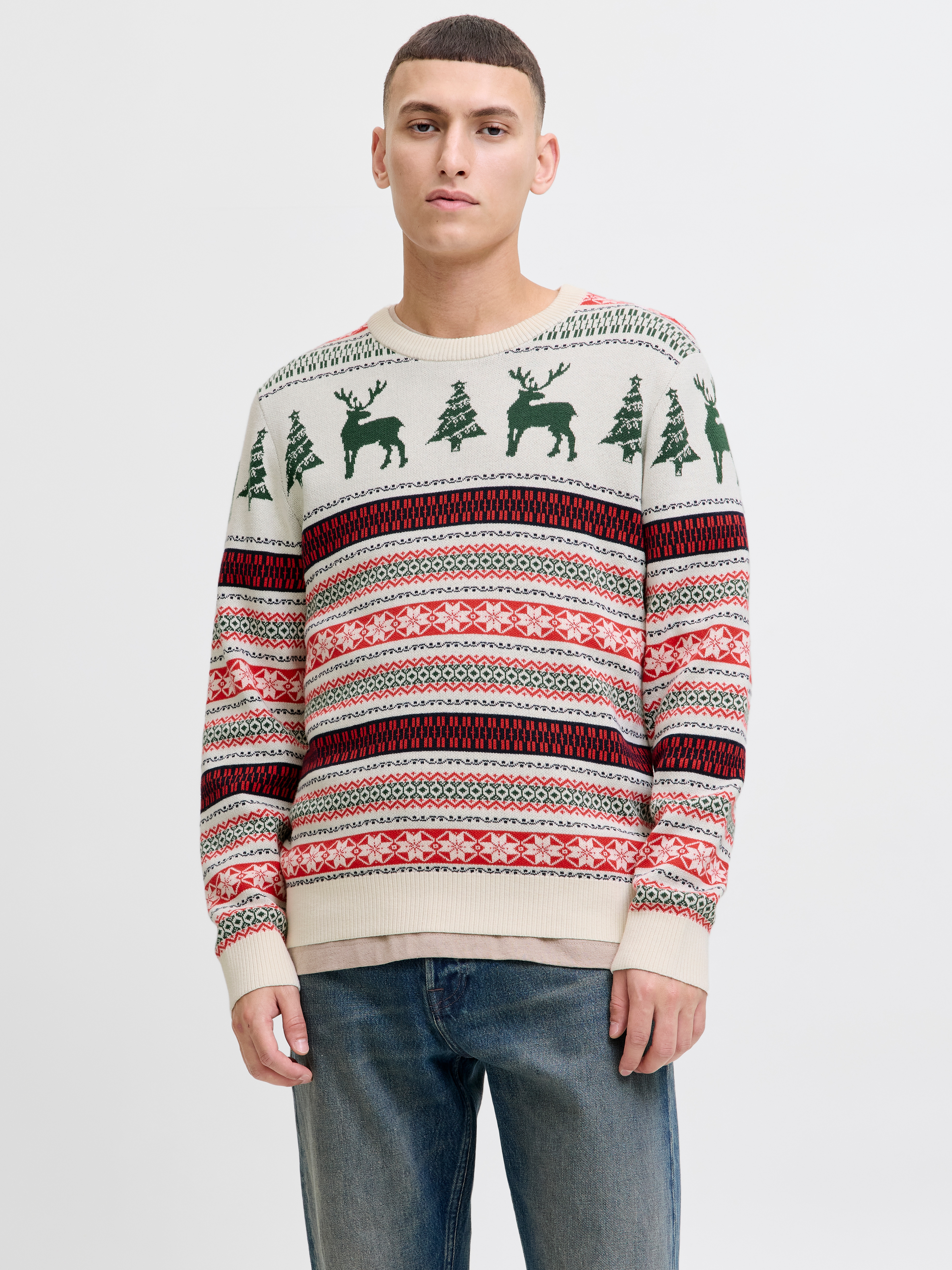 Strickpullover JACK & JONES "JJXMAS NOEL KNIT CREW NECK", Damen, Gr. S, dunkelgrün, Strick, Obermaterial: 60% Baumwolle, 40% Polyester, gemustert, regular fit normal, Rundhals, Pullover Strickpullover
