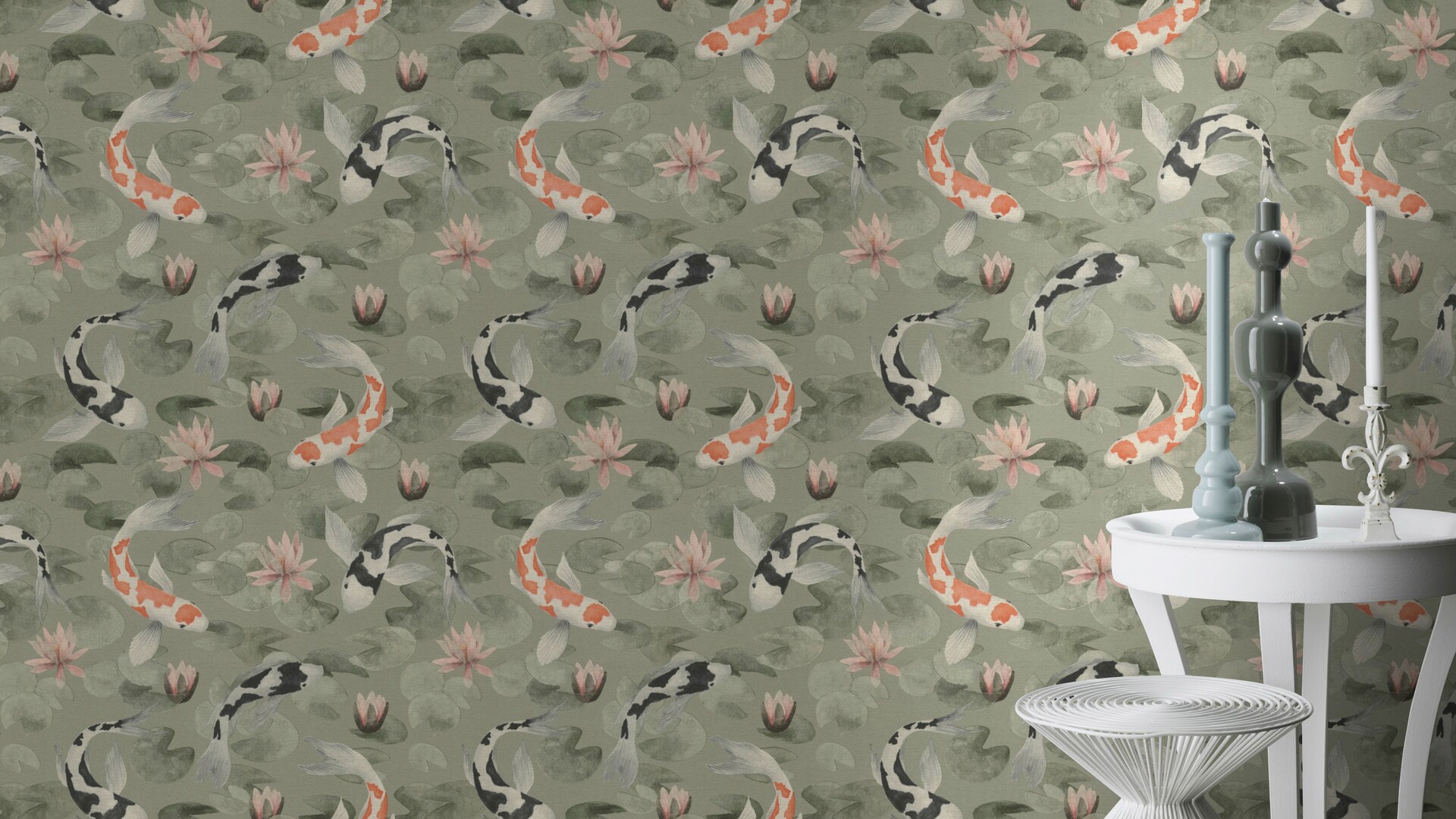 Vliestapete RASCH "Kimono", bunt (graugrün, schwarz, orange), B:0,53m L:10,05m, Vlies, Tapeten, gut lichtbeständig, waschbeständig