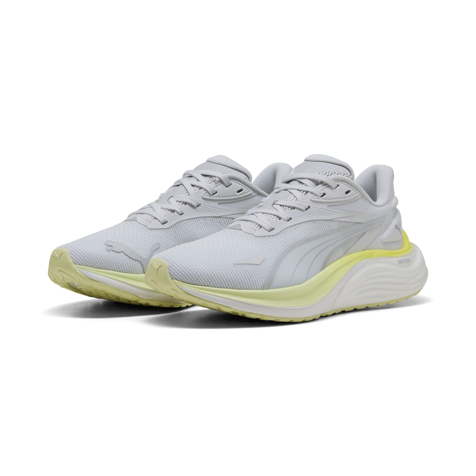 Trainingsschuh PUMA "Electrify NITRO™ 4 Laufschuhe Damen", Damen, Gr. 38, silber mist apple spritz gray grün lila, Obermaterial: Synthetik, Textil; Futter: Textil; Innensohle: Textil; Laufsohle: Synthetik, Gummi, Schuhe