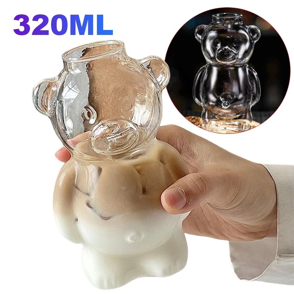Cute Bear Shaped Glass Cup Coffee Mug For Daily Drinks And Gifts with Straw