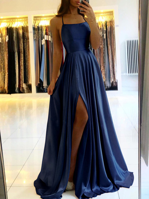 Women Burgundy Satin Beach Maxi Dress For Christmas, Adjustable Straps Sexy Side Slit Prom Evening Dress navy m