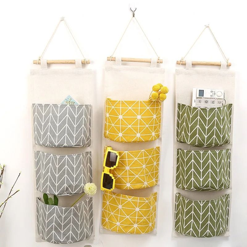 3 Pocket Hanging Wall Organizer Cotton Linen Storage Bag For Bedroom Kitchen And Living Room grey