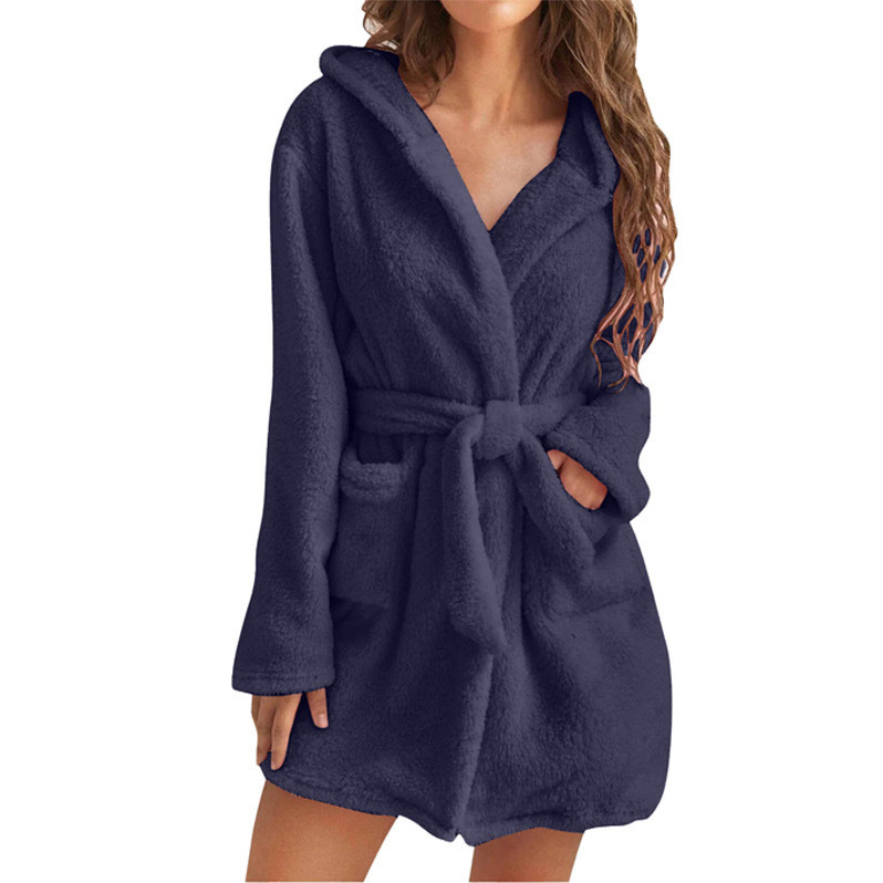 Fluffy Plush Winter Women Bath Robe, Sexy Hooded Dressing Gown, Solid Color Warm Bathrobe, Ladies Female Loungewear navy m