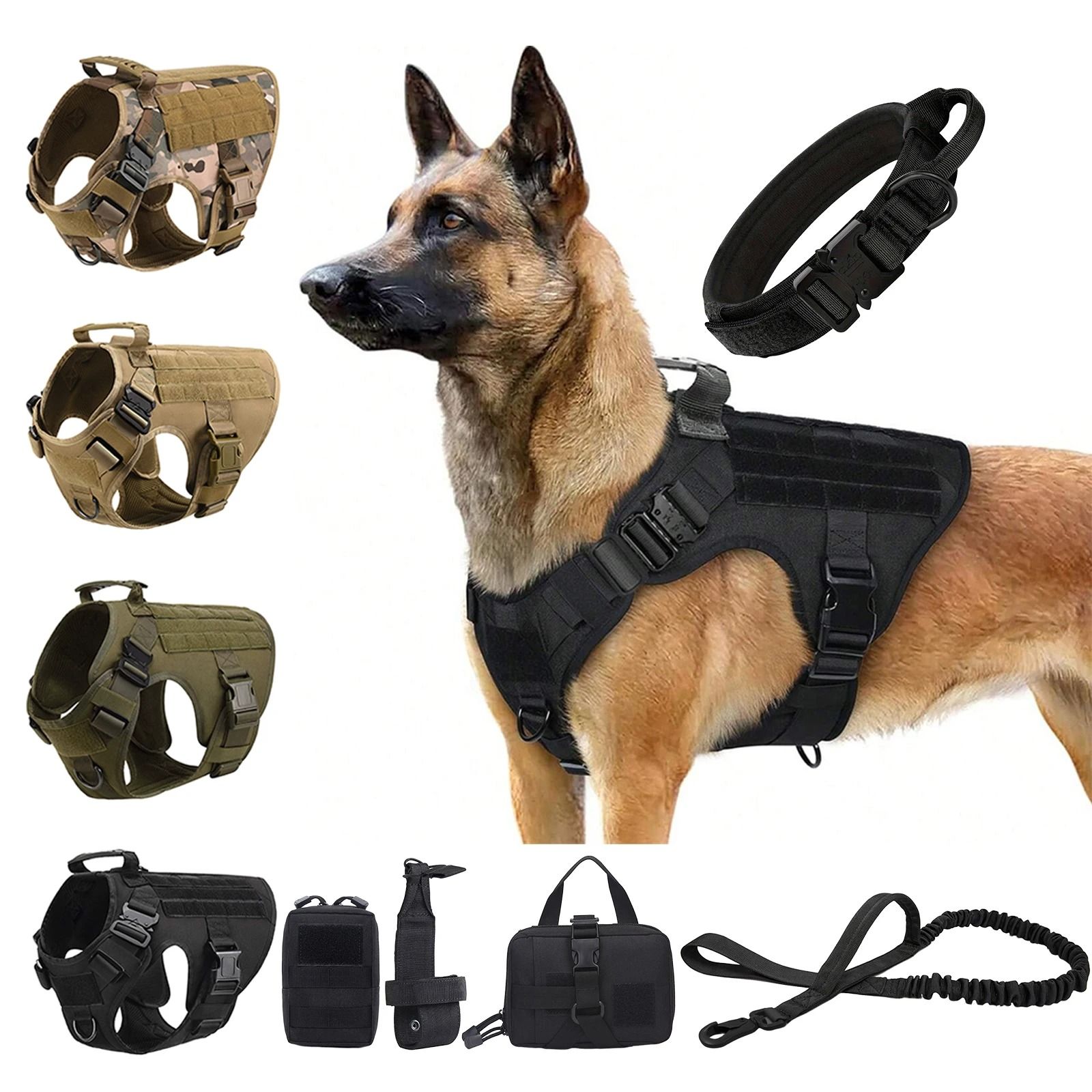 Tactical Dog Harness Set With Adjustable Collar Leash Molle Pouch And Training Vest brown Harness s