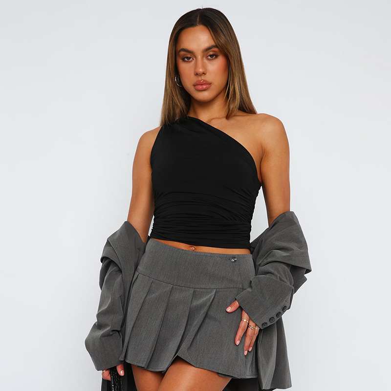 Sexy Solid Color One Shoulder Backless Shrink Tank Top, Slim Candy Color Sleeveless T Shirt, Tight Casual Top For Women white m