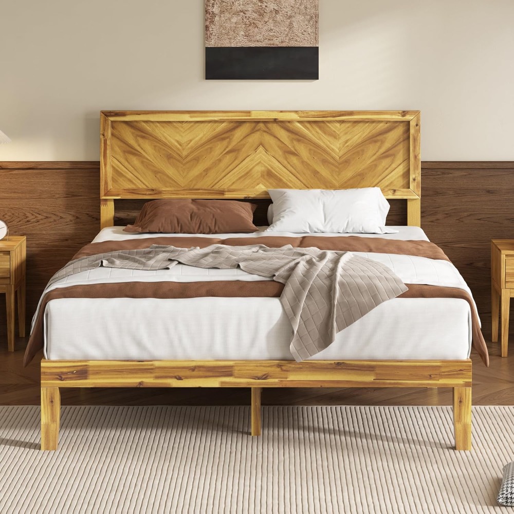 Mid Century Modern Platform Bed, Queen Solid Acacia Wood Bed Frame With Smooth Pattern Headboard, Wood Slats Mid Century Modern Platform Bed, Queen Solid Acacia Wood Bed Frame With Smooth Pattern Headboard, Wood Slats