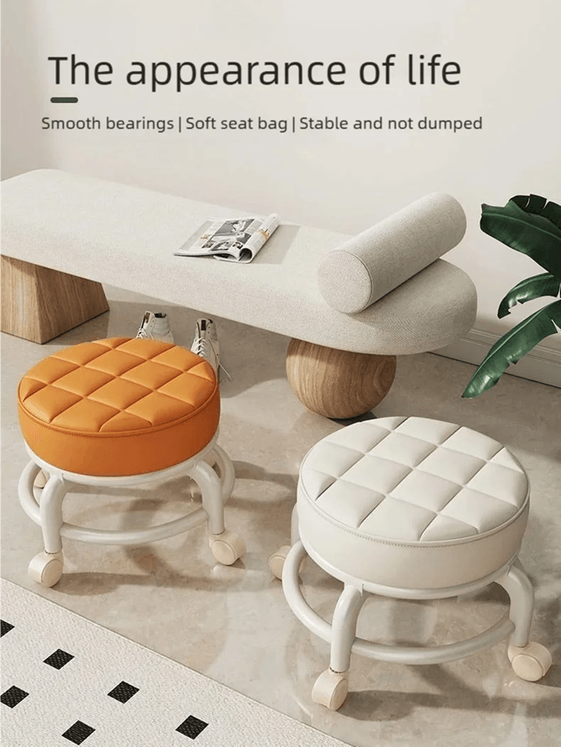 PU Leather Rolling Stool With Wheels Low Profile Padded Seat white