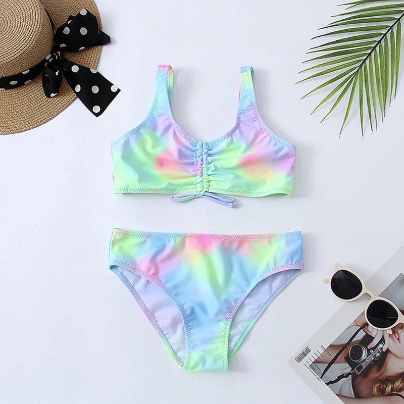 Tie Dye Girls Swimsuit Kids, Two Piece Children's Swimwear, Ruched Front Bikini Set Teen Bathing Suit Beachwear green 7 8