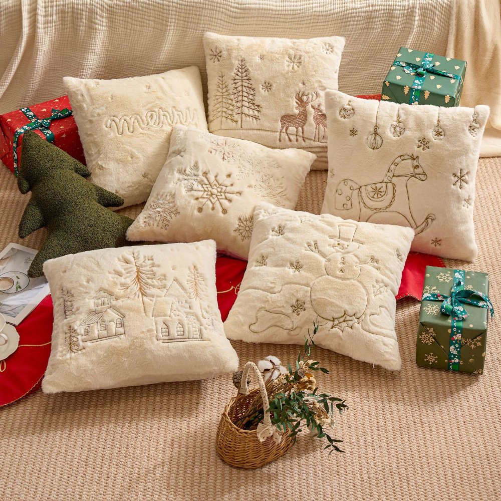 Christmas Simple Pillow Case, Solid Color Embroidery, Skin Friendly Material, Modern Simplicity, Joyful Celebration house