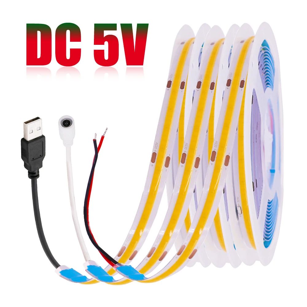 USB COB LED Strip Light 5V High Density Flexible Tape For Ambient Decor Lighting touch Dimmer red 3m