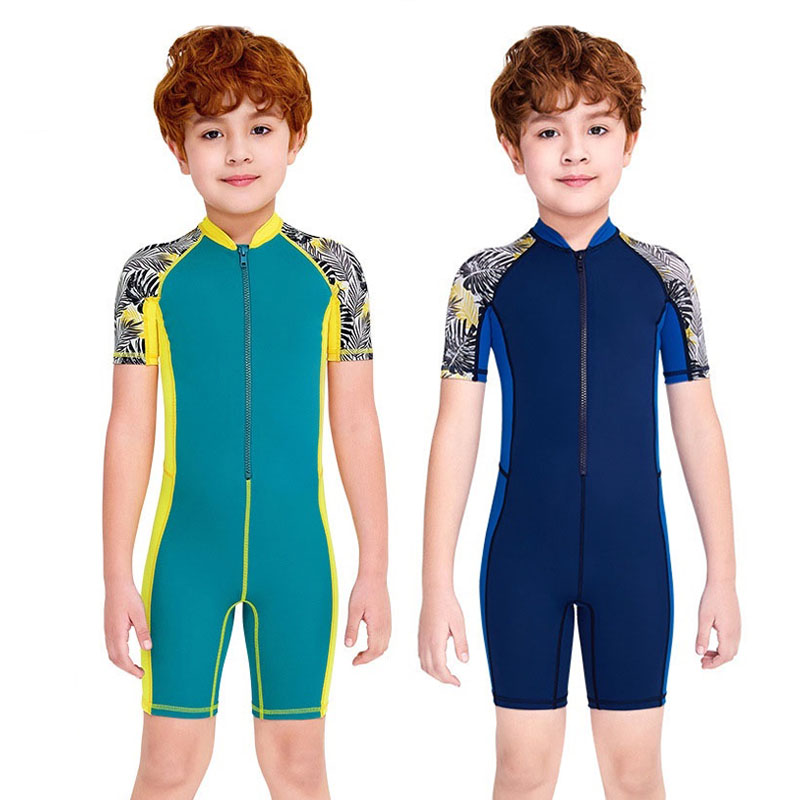 One Piece Quick Drying Boys Swimwear, Summer Children Swimsuits, Kid Short Sleeve Sun Protection 02 14t