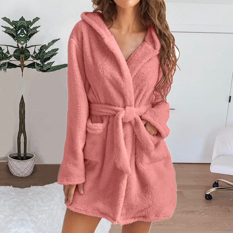 Fluffy Plush Pyjamas, Sexy Winter Women Bath Robe, Hooded Dressing Gown, Solid Color Warm Bathrobe Female Loungewear dark Grey xl