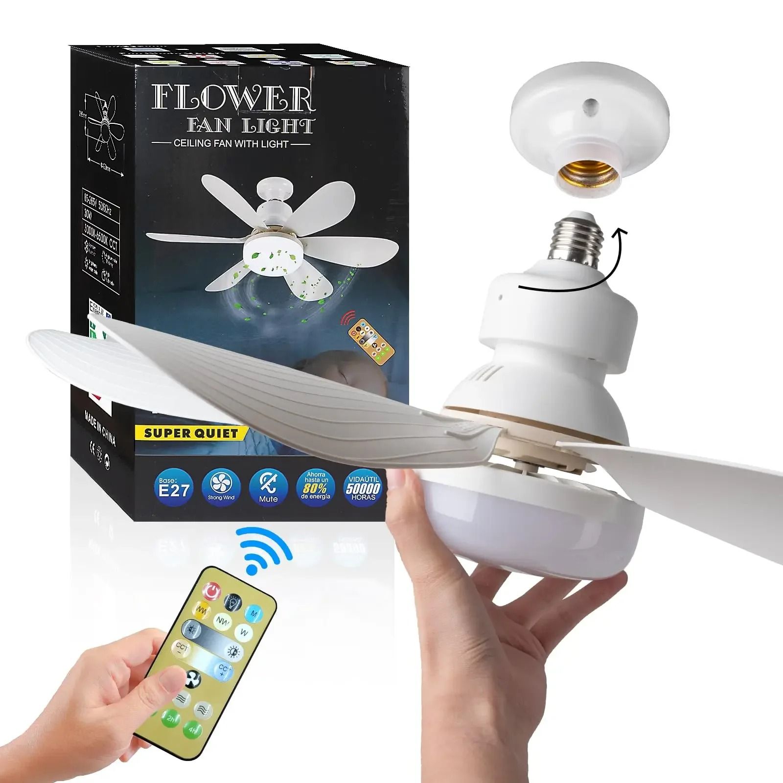 LED 40W Ceiling Fan Light E27 With Remote Control, Dimmable For Living Room And Study white i