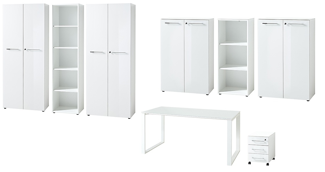 Büro-Set 8-tlg Komplettbüro MUENCHEN Weiß | Schreibtisch, 6 Schränke, Container | Glasfront Soft-Close Abschließbar | Made in Germany | Kadima Design Image