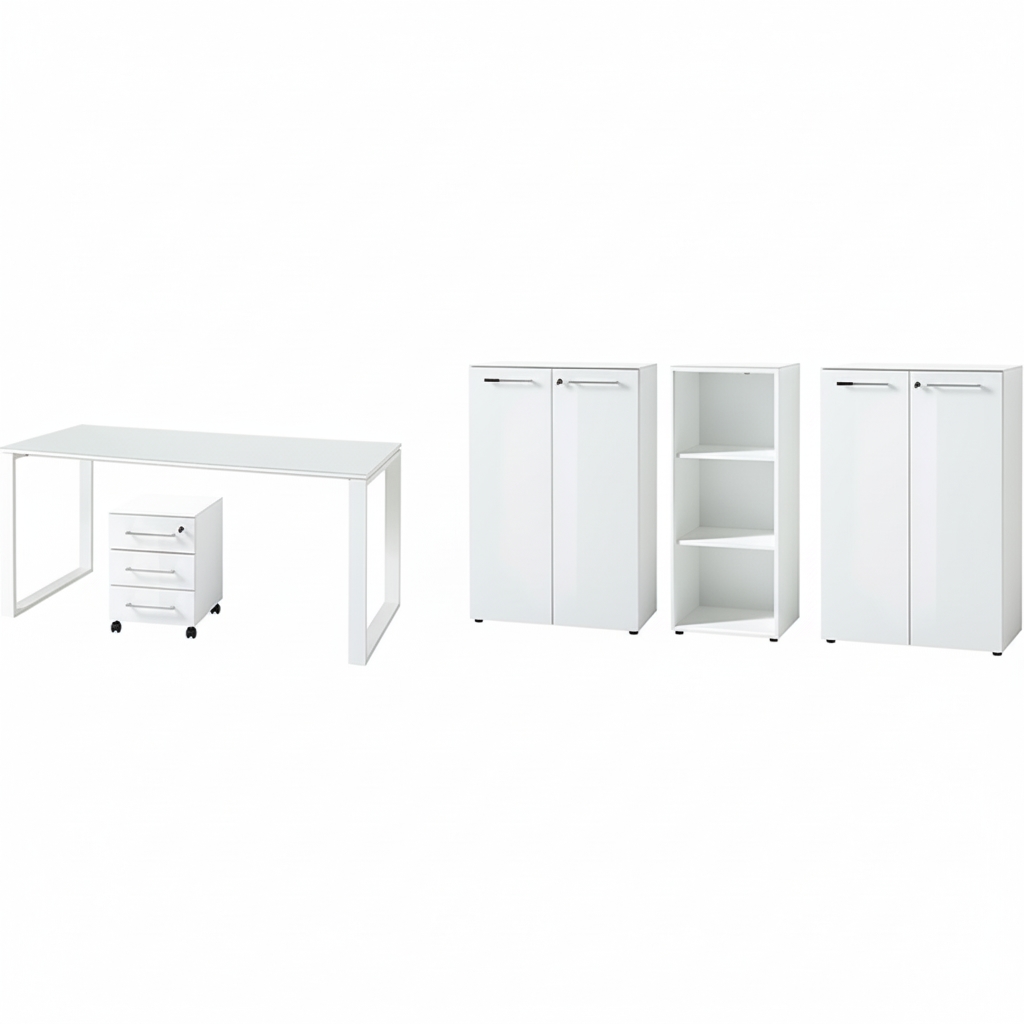 KADIMA DESIGN Büromöbel Set 5-teilig Komplettbüro weiß | Schreibtisch, Container, 2 Schränke, Regal | Glasfront, Soft-Close, Abschließbar | Made in Germany Image