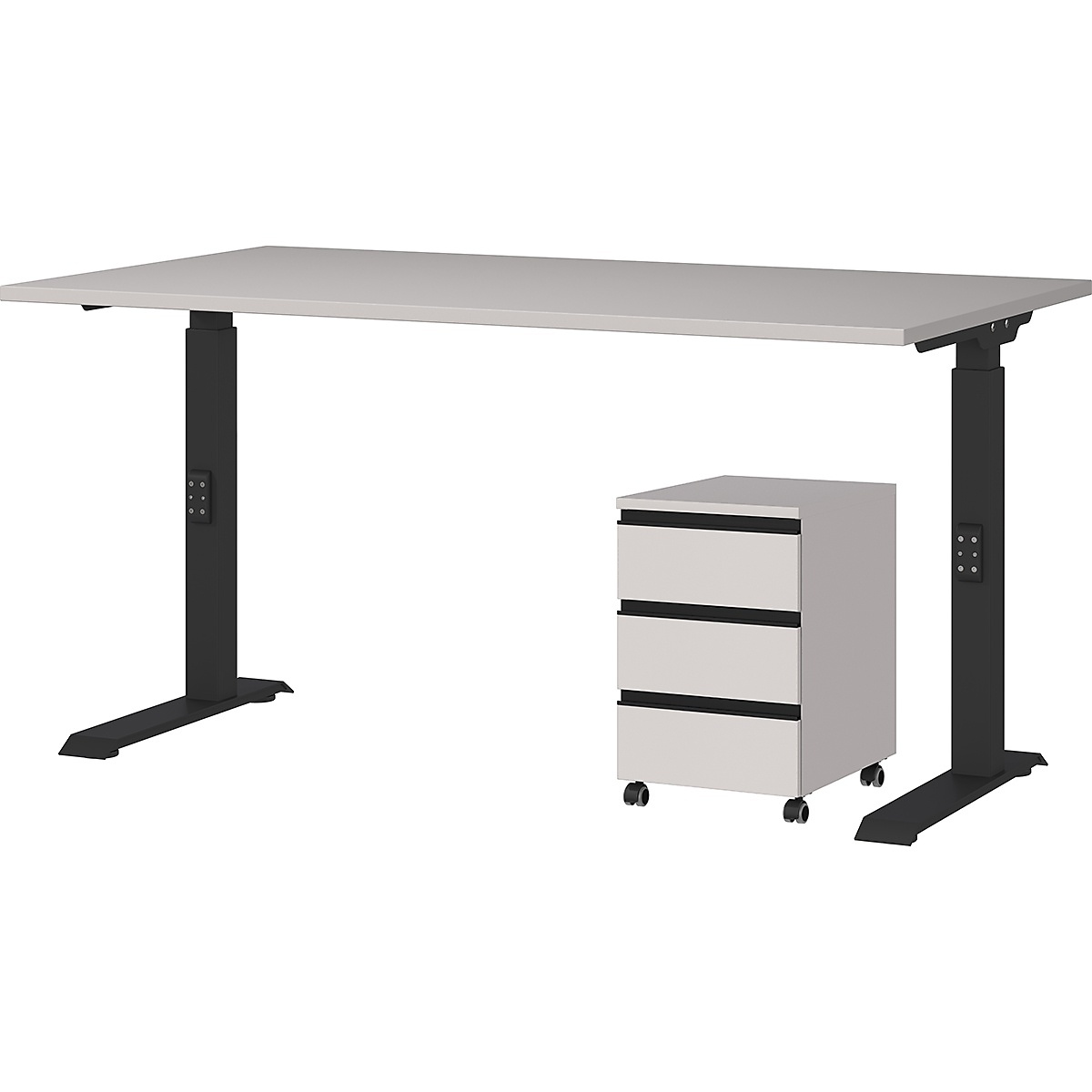Büro Set 2-teilig | Schreibtisch 140x80cm & Rollcontainer Greige/Schwarz | Einstellbar 68-91cm & Soft-Close | Made in Germany Kadima Design Image