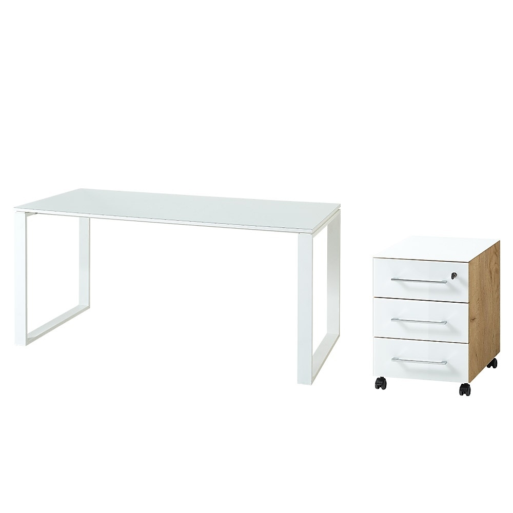 Schreibtisch Set MUENCHEN | 160x80cm Tisch & Container | Glasplatte Soft-Close Abschließbar | Chalet-Eiche-Nb./Weiß | Kadima Design Image
