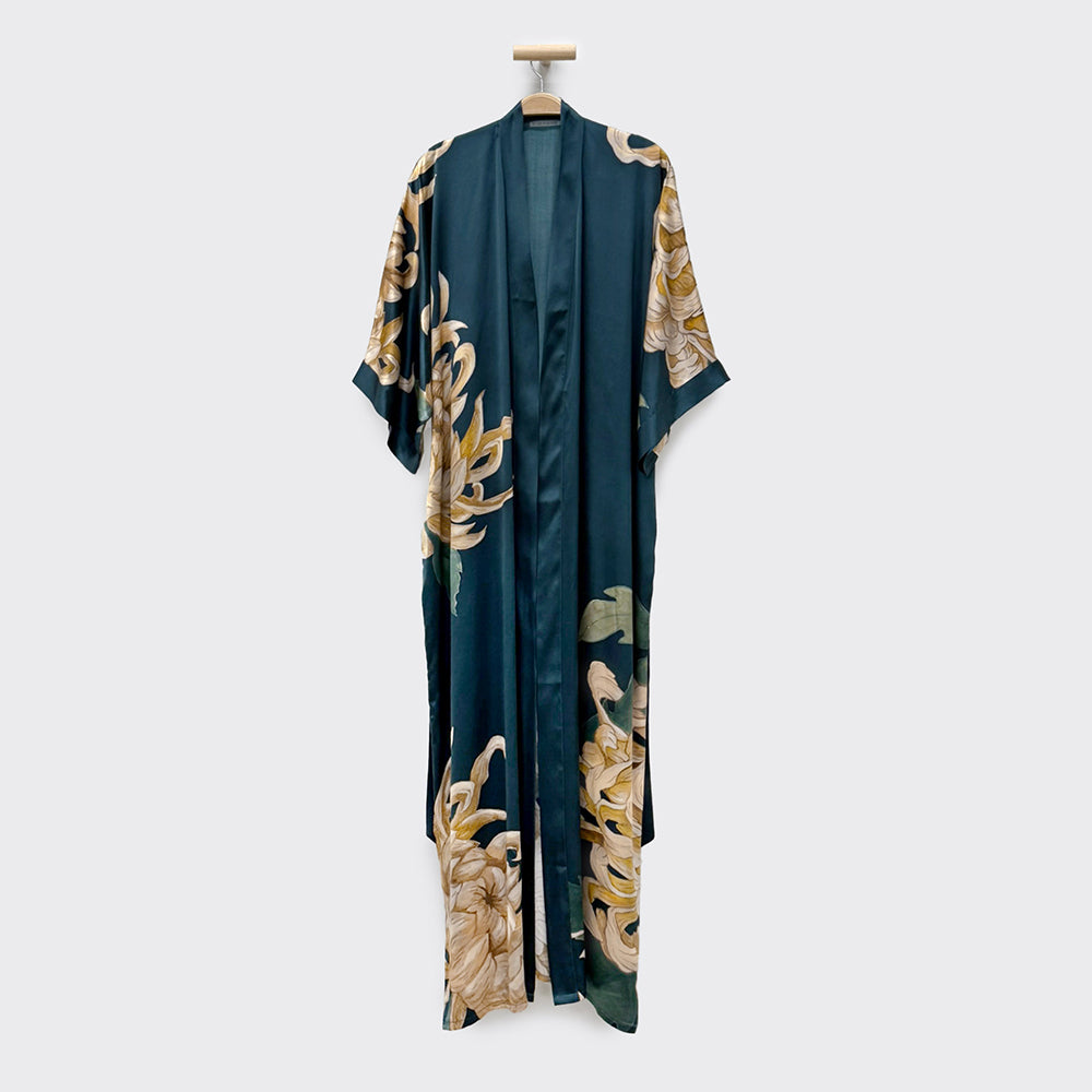 KIM+ONO Kimono Robe | Silk Kiku Long Kimono Robe | Silk | Teal | Long