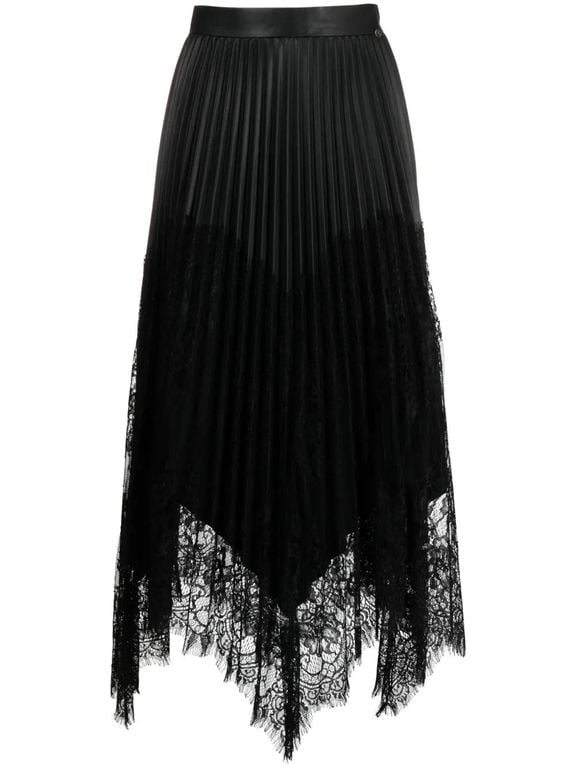 Lace-Trim Pleated Midi Skirt - Black - Nissa Skirts