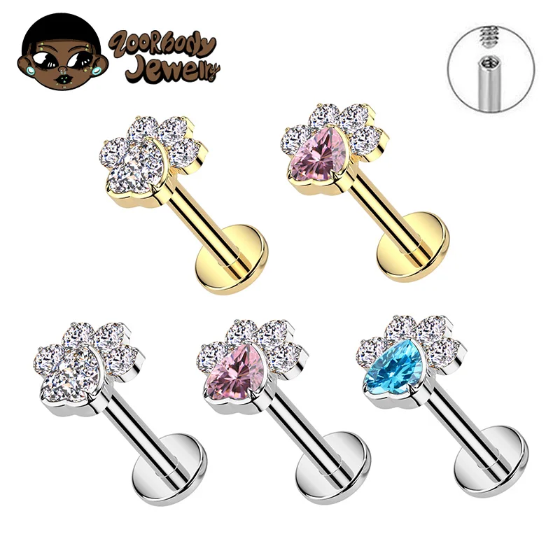 F136 Titan Herz Zirkon Katzenpfotenabdruck Lippenpiercing Innengewinde Labor Süße süße Ohrringe Helix Flache Lappen Tragus Ohrring Nase Image