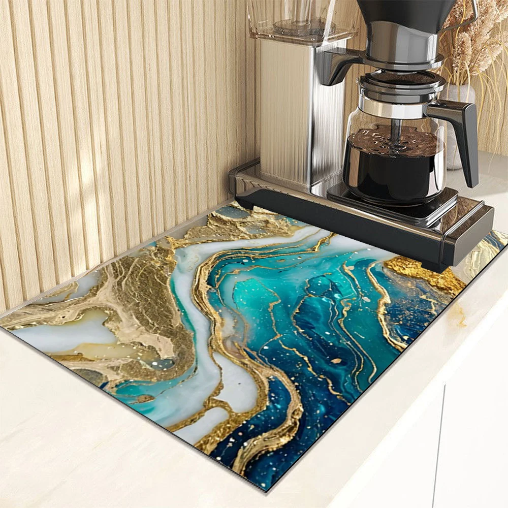 Super saugfähige Küchenmatte mit Marmor-Druck, Trockenmatte, schnell trocknend, Abtropfunterlage, Geschirrmatte, rutschfestes Geschirr, Kaffee-Tischset Image