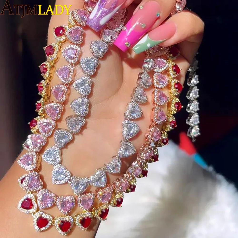 Iced Out Bling 5A Cubic Zirconia Halo CZ Cluster catena da Tennis a forma di cuore per le donne collana girocollo da sposa amante della fidanzata