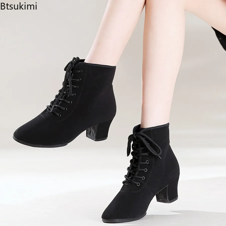 Nouvelles bottes de danse latine pour femmes, talon bas, bout fermé, pour la pratique et l'enseignement de la danse de salon et du tango, chaussures de danse noires pour débutantes