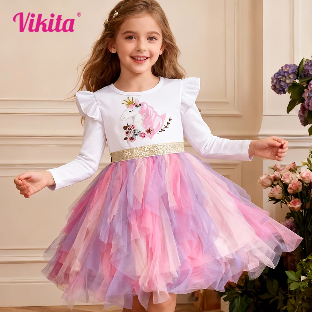 VIKITA Abito per bambini a maniche lunghe autunno primavera Ragazze Licorne Stampa floreale Abito da cartone animato Ragazze Abiti da principessa in tulle a rete irregolare
