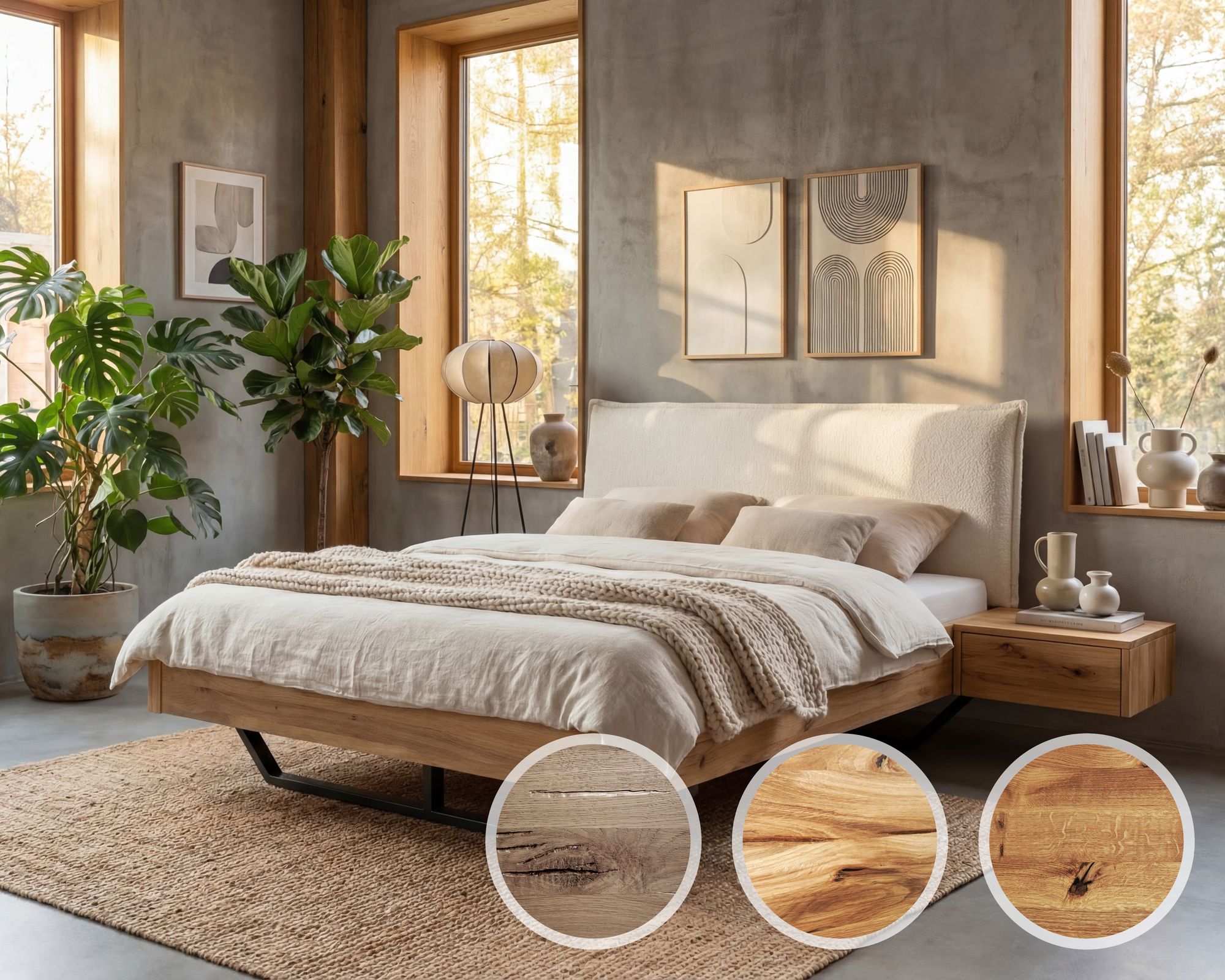 BlackWood »Nova Vita Contour II« Wildeiche Massivholzbett 140x220 cm / Wildeiche rustic / Boucle Anthrazit Image