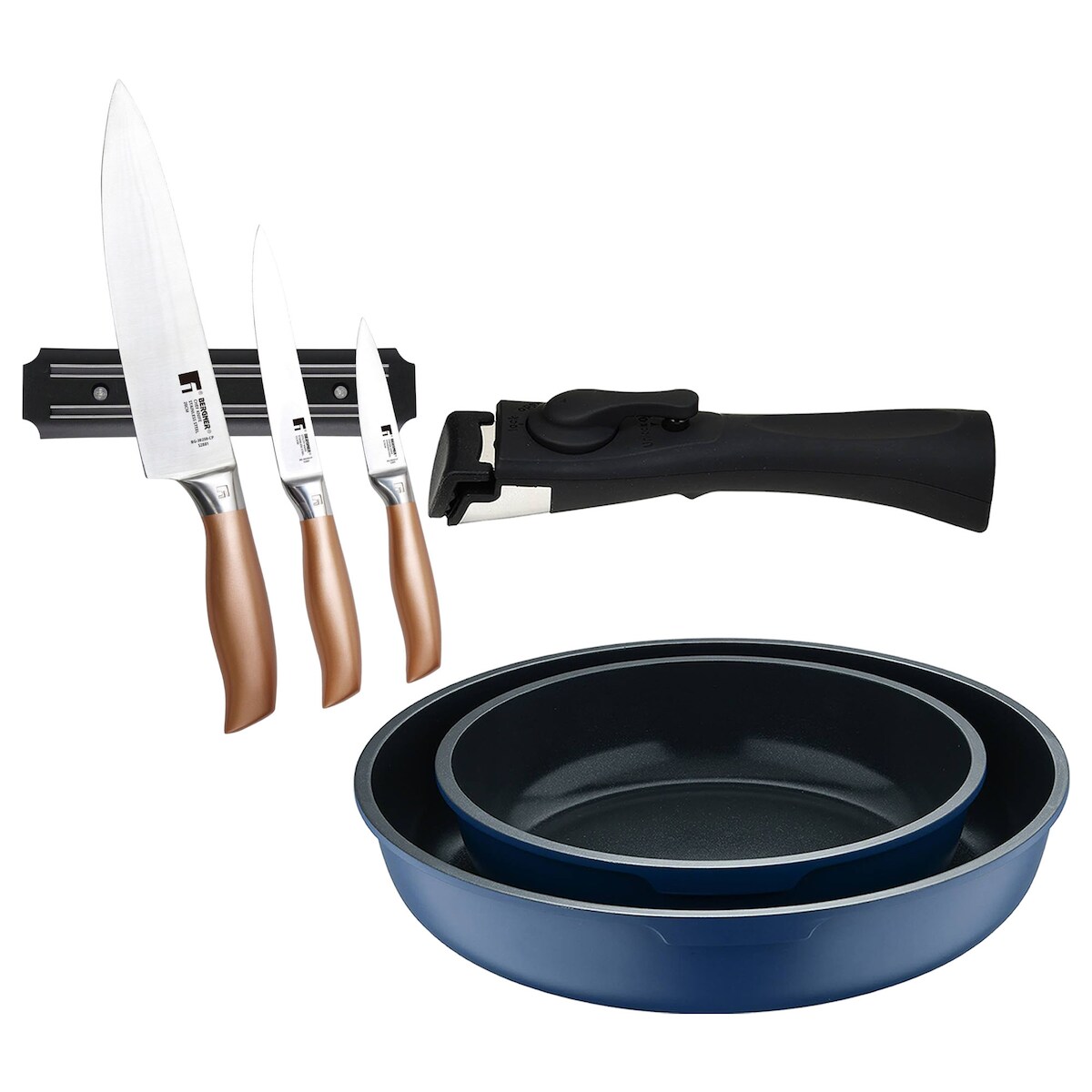 BERGNER - Set mit 2 Bratpfannen Ø22/26cm aus Aluminiumguss, blau, mit abnehmbarem Griff mit Edelstahlmesser-Set mit magnetischer Wandhalterung Image