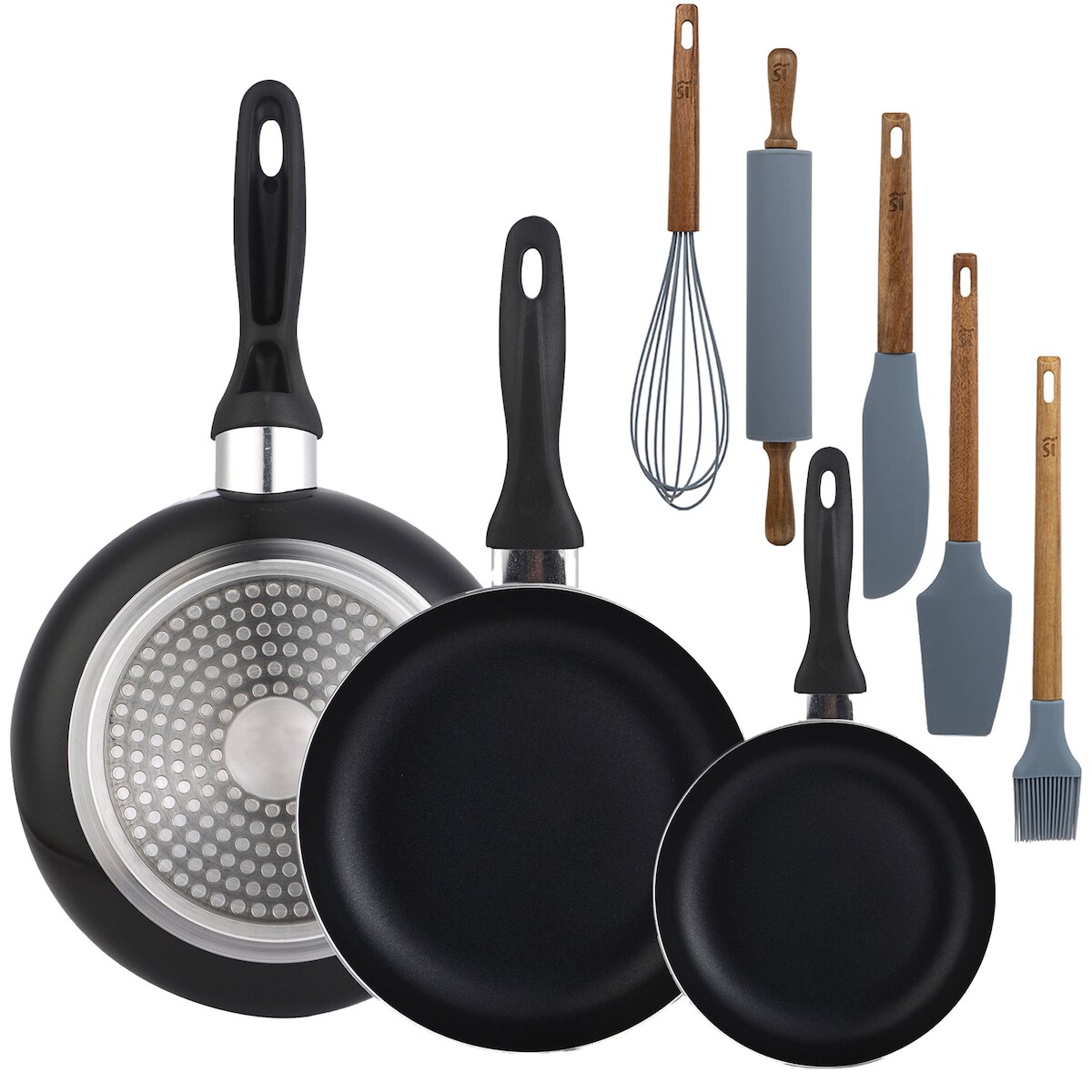 BERGNER - Set aus 3 Pfannen Ø16/20/24cm aus gepresstem Aluminium in schwarz mit Set 5 Küchenutensilien aus Silikon und Holz Image