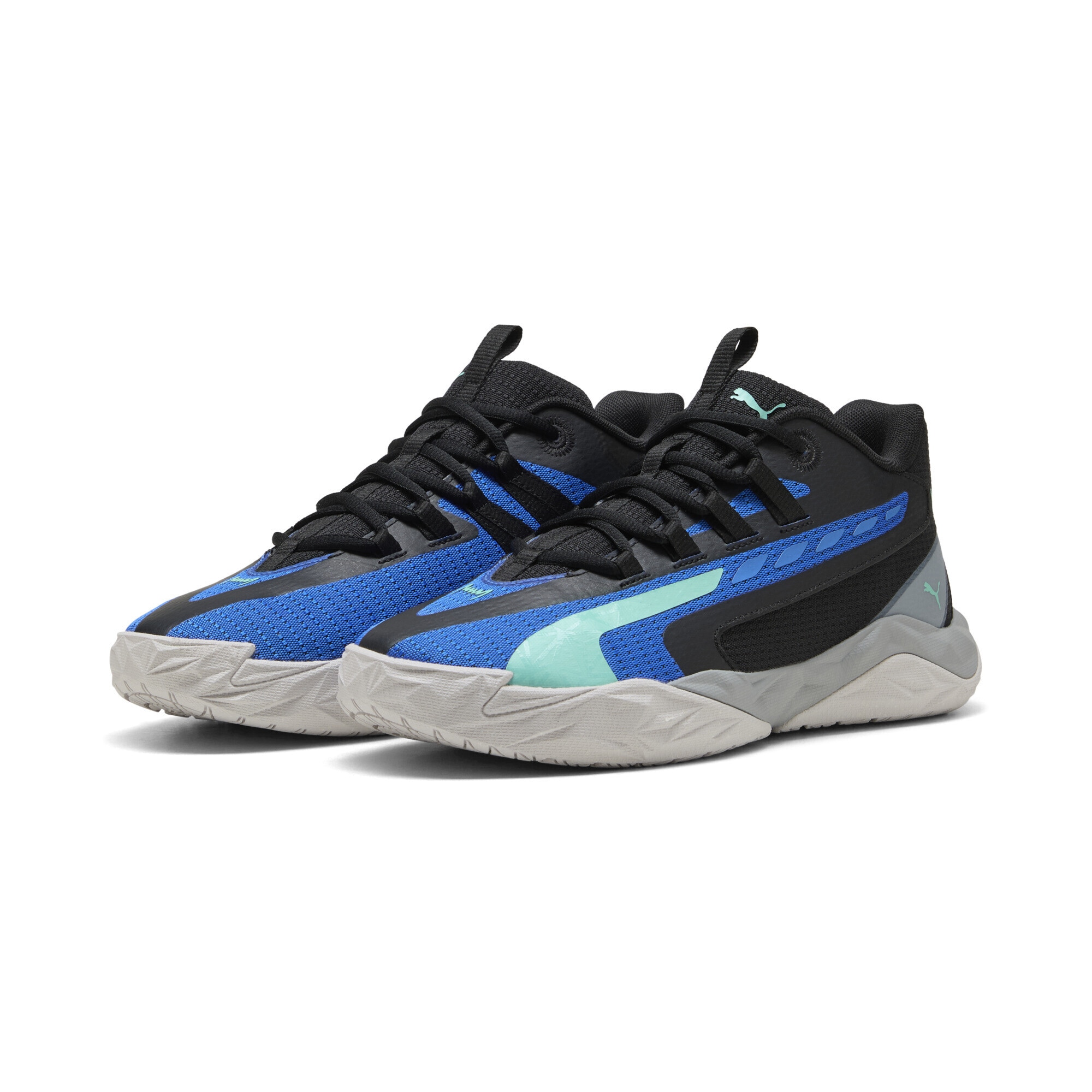 Basketballschuh PUMA "Dagger 2 Mid Basketballschuhe Erwachsene", Gr. 43, schwarz blaumazing aquatic blau grün, Obermaterial: Synthetik, Textil; Futter: Textil; Innensohle: Textil; Laufsohle: Gummi, Synthetik, Schuhe